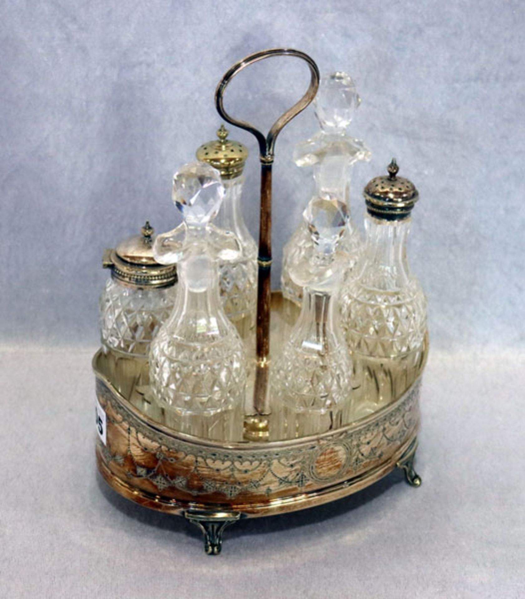 Englische Menagé, versilbert mit 6 Glasflaschen mit Schliffdekor, H 25 cm, B 21 cm, T 15 cm,