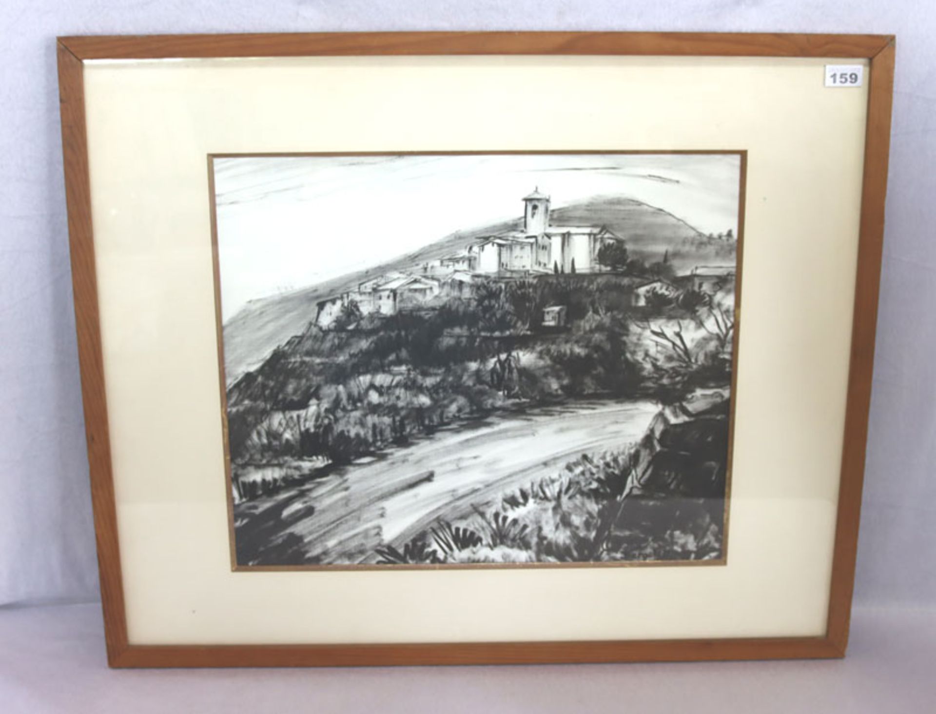 Kohlezeichnung 'Auribeau - Cote d'Azur', signiert Bergelin, Éliane Bergelin, * 1916, mit