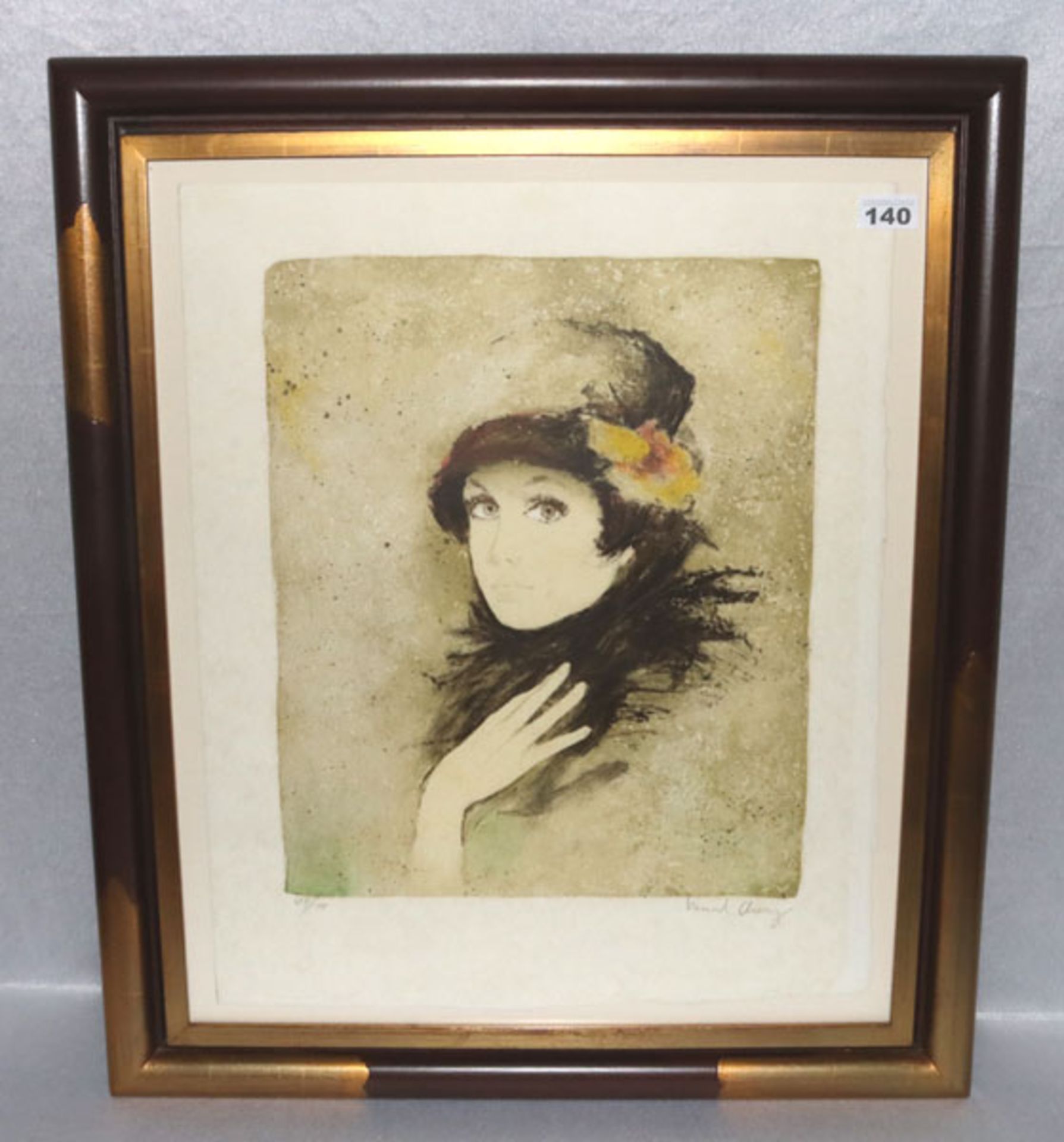 Lithographie 'Dame mit Hut', Nr. 28/100, undeutlich signiert, unter Glas gerahmt, incl. Rahmen 72 cm