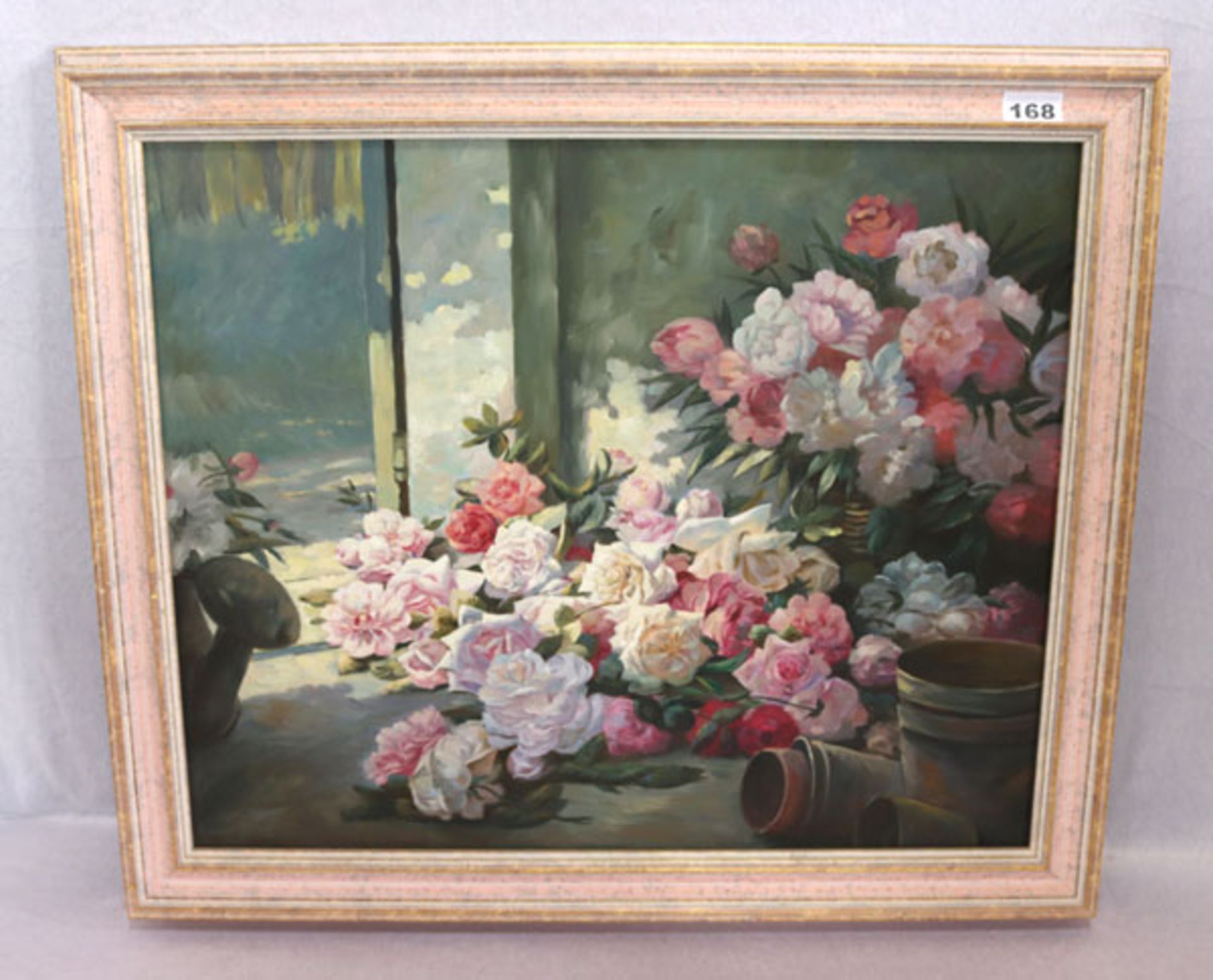 Gemälde ÖL/LW 'Rosenstillleben', gerahmt, Rahmen leicht bestossen, incl. Rahmen 62 cm x 72 cm