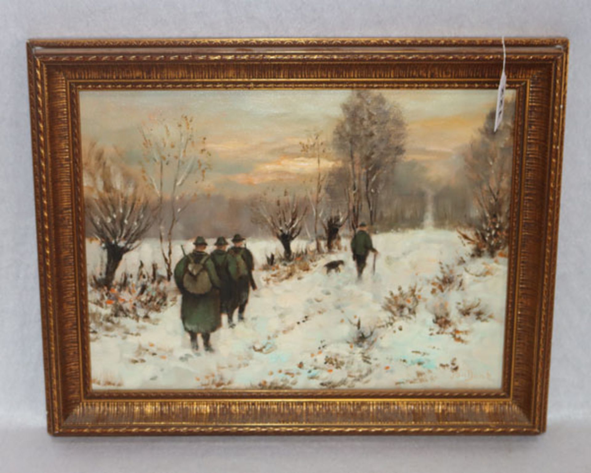 Gemälde ÖL/LW 'Winterlicher Jagdausflug', signiert van Dank ?, gerahmt, incl. Rahmen 38 cm x 48 cm