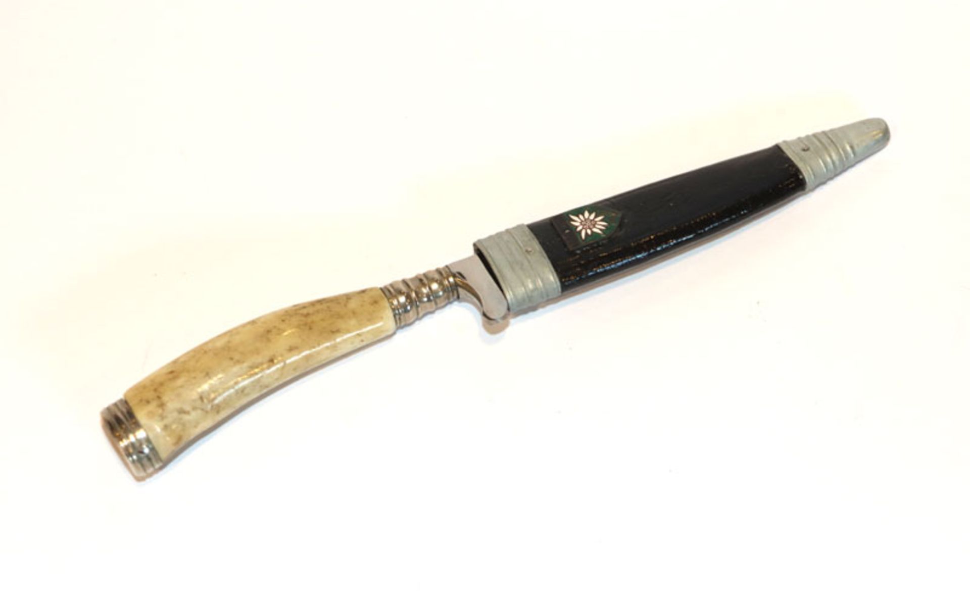 Puma Messer mit Hirschhorngriff in Lederscheide, Edelweißdekor, L 19 cm