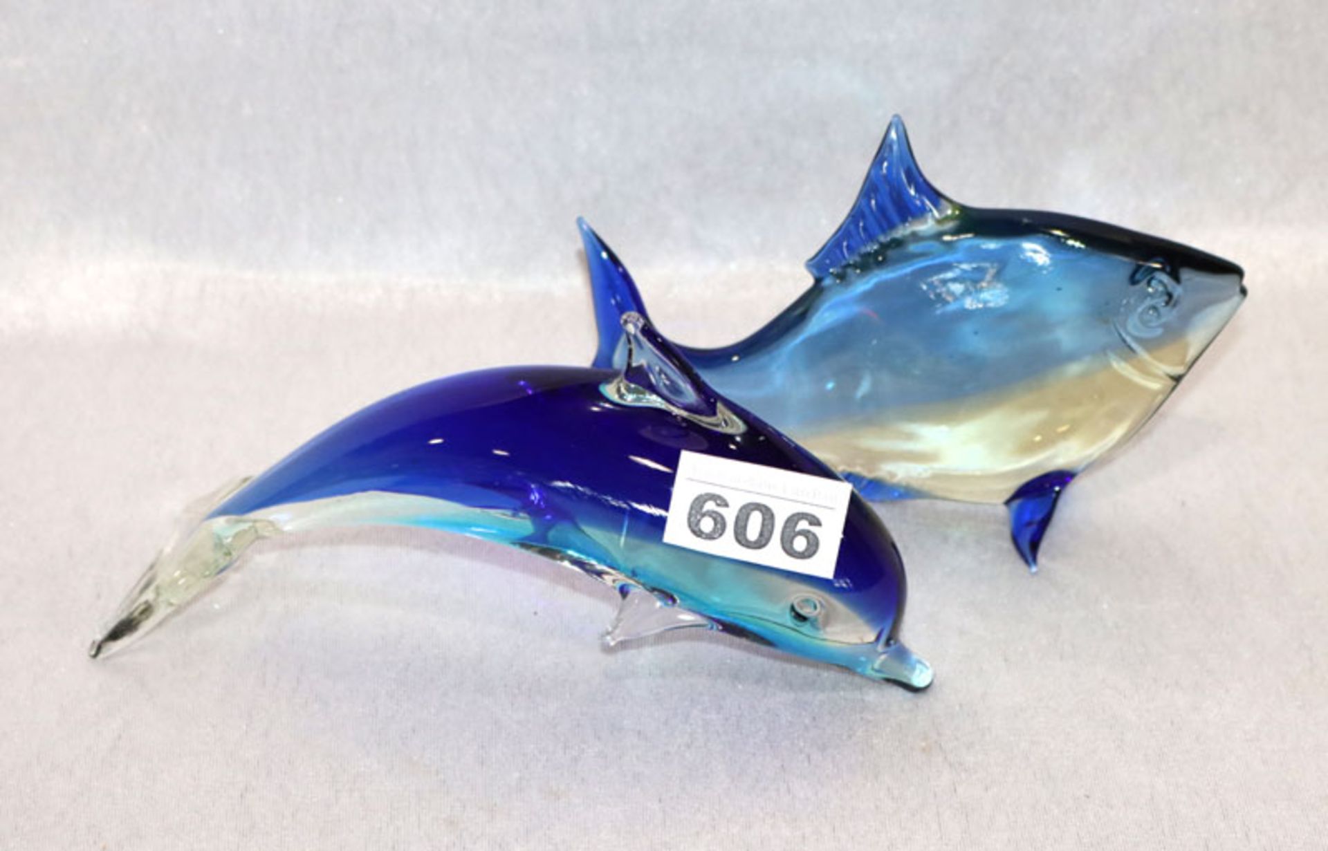 2 Murano Glasfische in Blautönen, H 9/10cm
