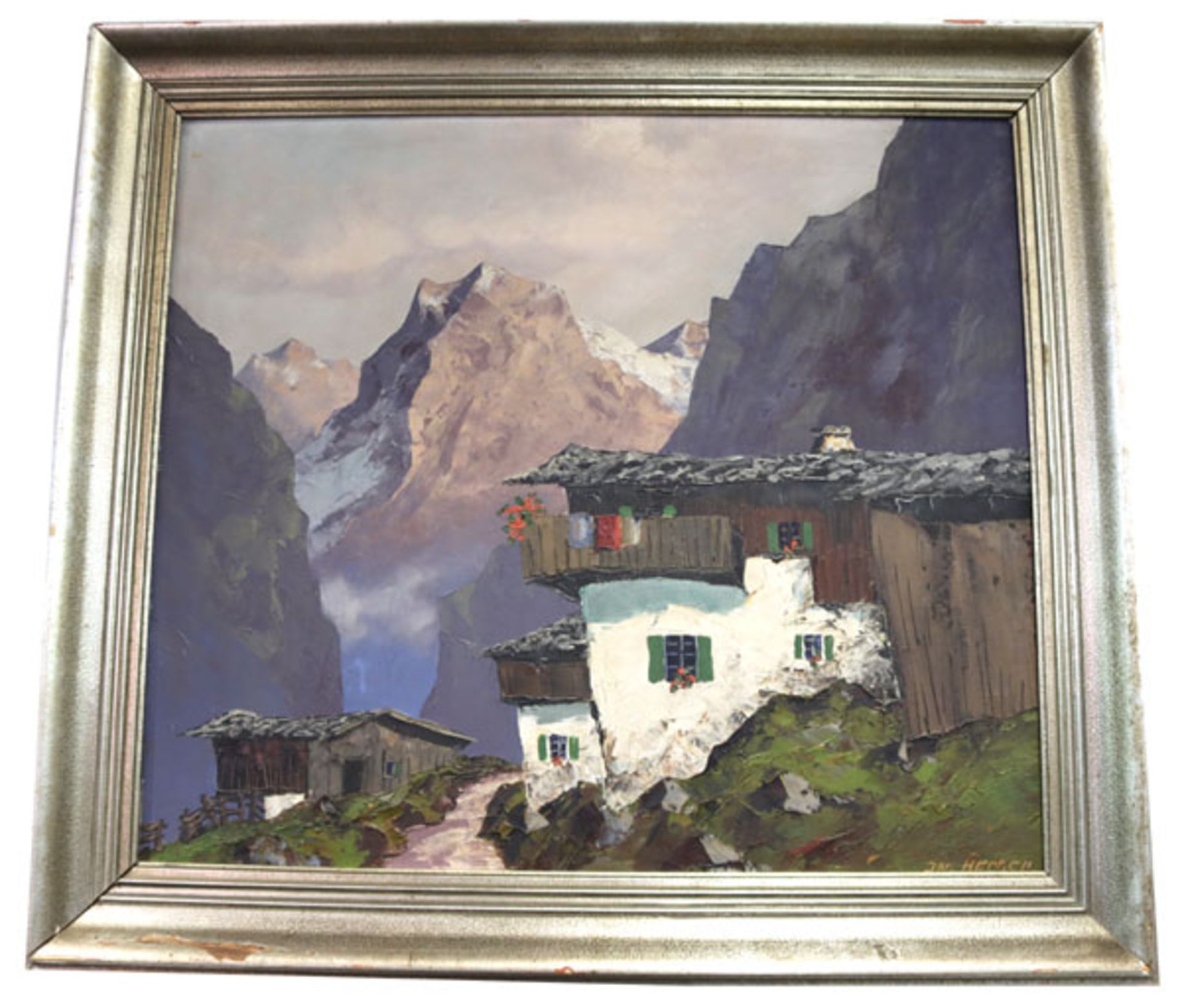 Gemälde ÖL/LW 'Bauernhaus im Hochgebirge', signiert Jak. Herker, im Stil von Mulley, 20.