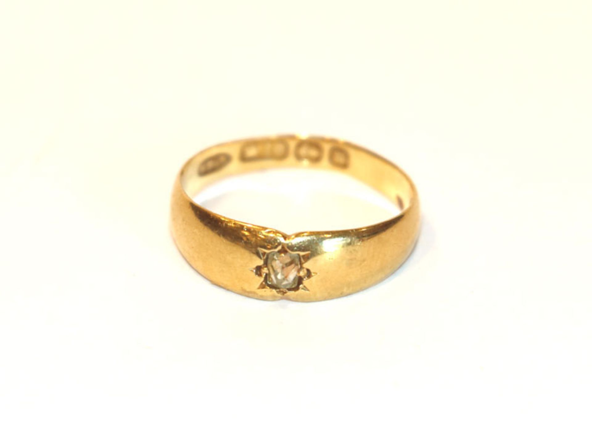18 k Gelbgold Ring mit Diamant, Birmingham England 1896, Gr. 52, 2,5 gr.