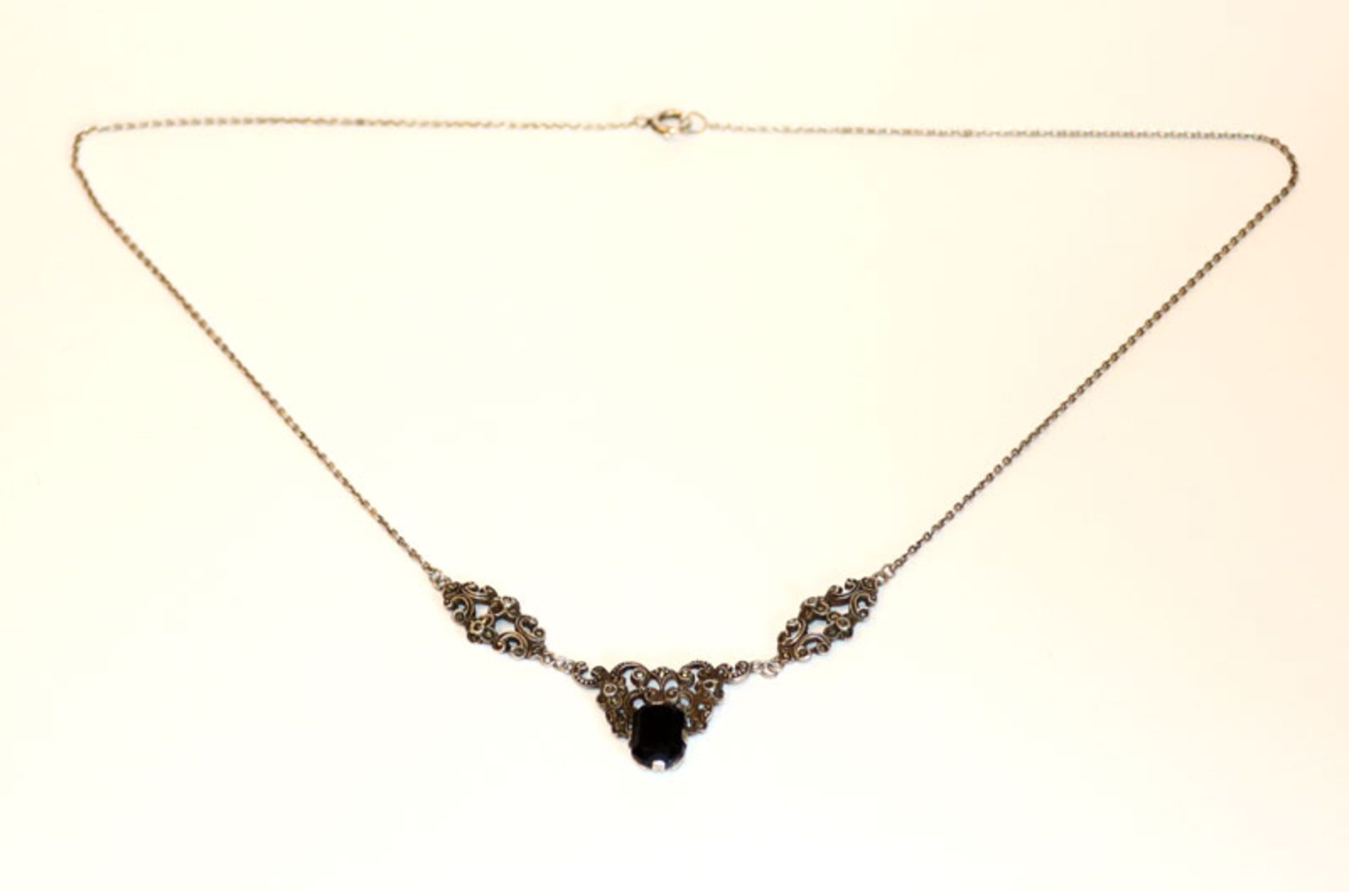 Silber Collierkette mit Markasiten und schwarzem Schmuckstein, 8,5 gr., L 48 cm
