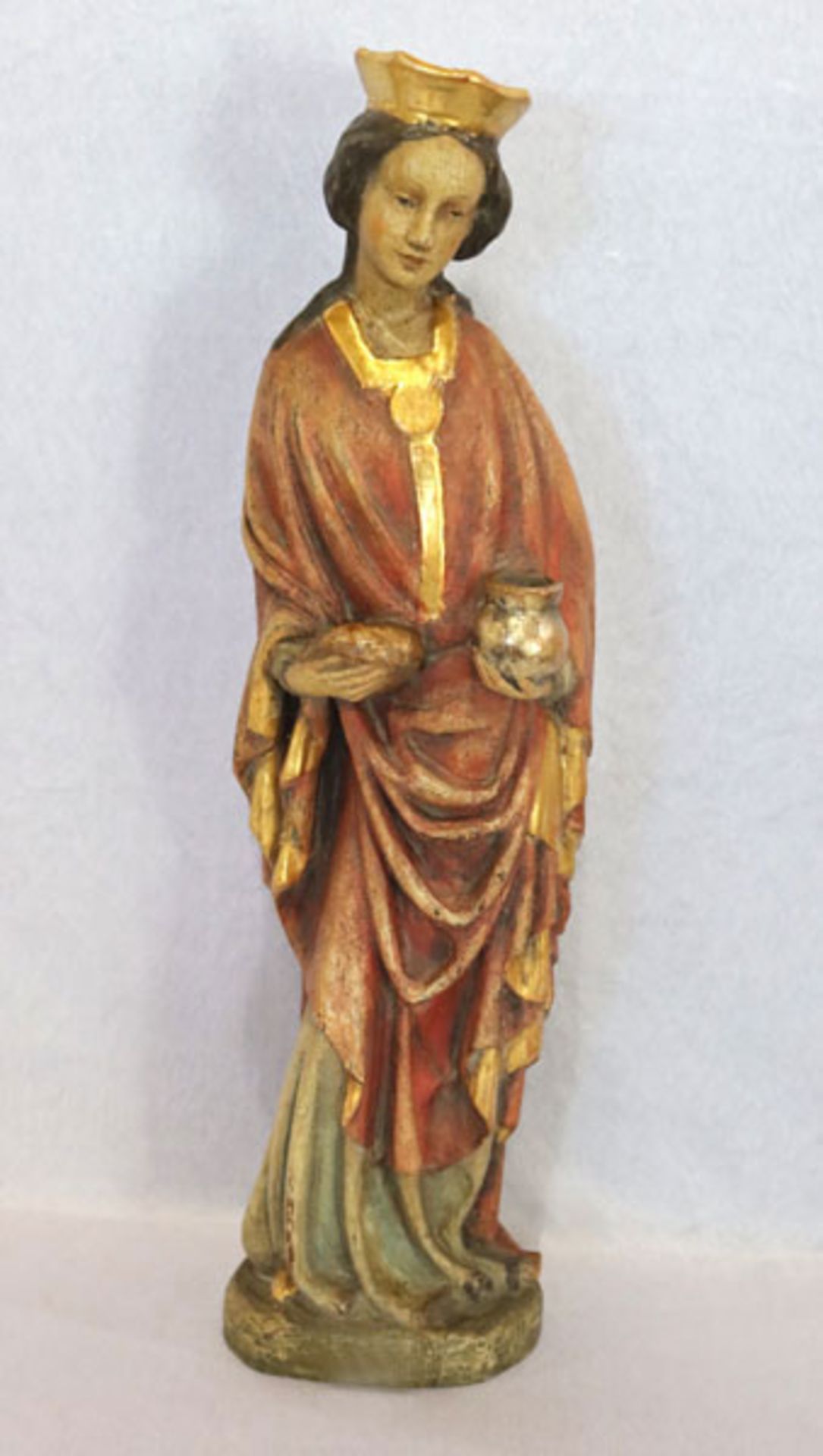 Holzfigur 'Heilige Barbara', farbig gefaßt, teils bestossen, H 61 cm, B 18 cm, T ca. 17 cm