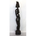 Ebenholz Figurenskulptur 'Frau mit Früchtekorb', Bali, H 100 cm, D 19 cm, Altersspuren