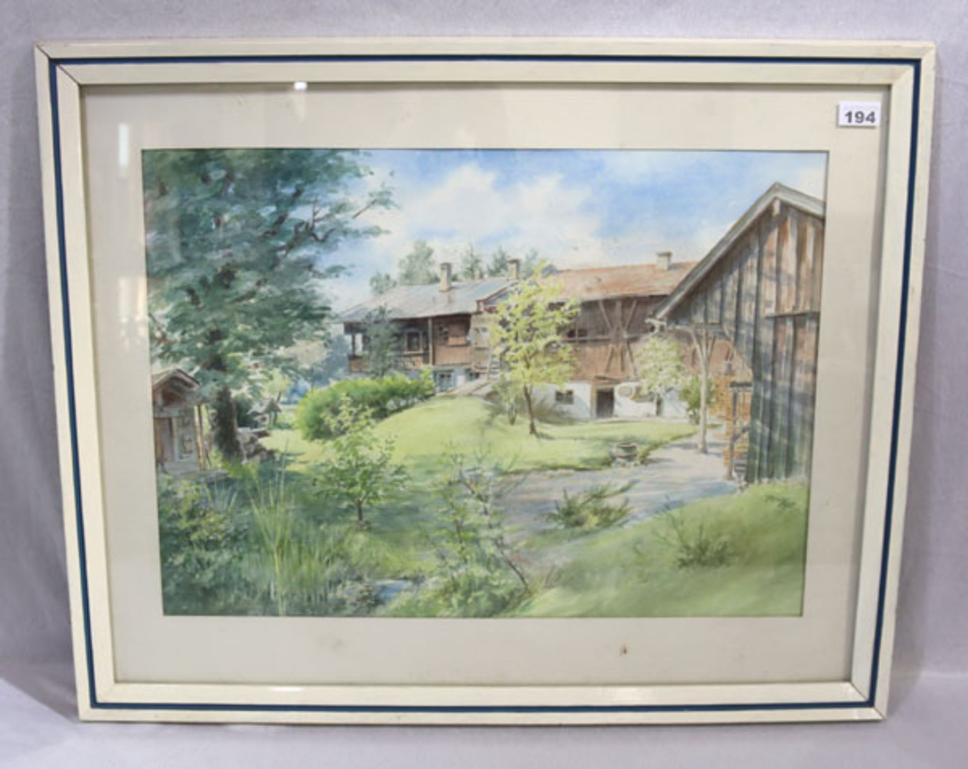 Aquarell 'Bauernhof', signiert Pruy 90, mit Passepartout unter Glas gerahmt, Rahmen bestossen, incl.