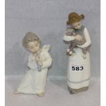 2 Lladro Figuren, 'Mädchen mit Lamm' und 'Engel mit Flöte', H 22,5/16 cm