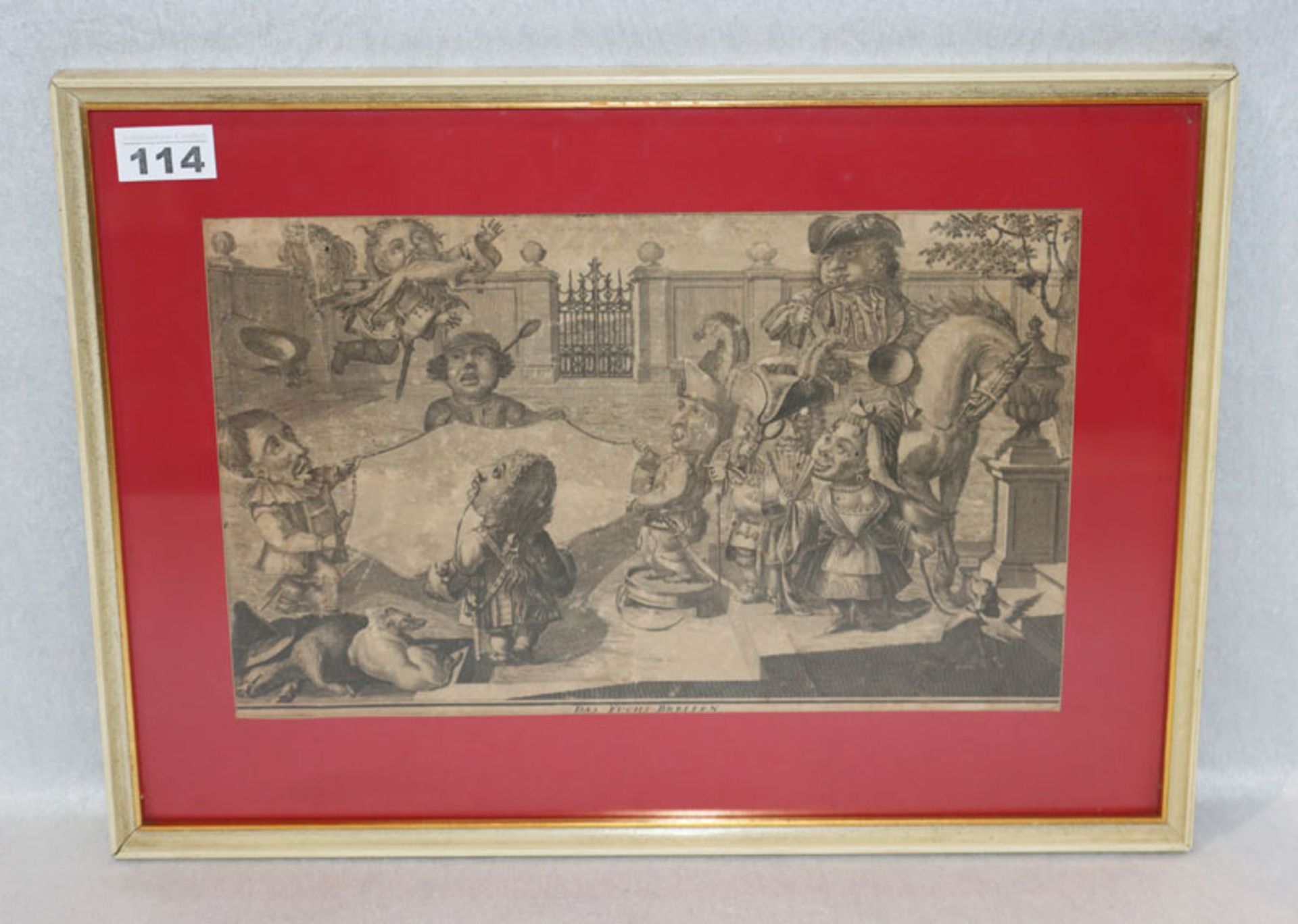 Stich um 1800, 'Das Fuchs Brellen', mit roter Passepartout unter Glas gerahmt, Rahmen bestossen,