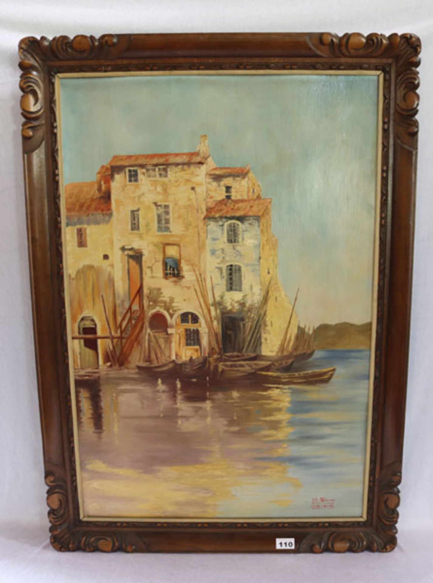 Gemälde ÖL/Holz 'Haus mit Booten am See', signiert M. Odeurs, LE 19.10.26, Holz gesprungen, gerahmt,