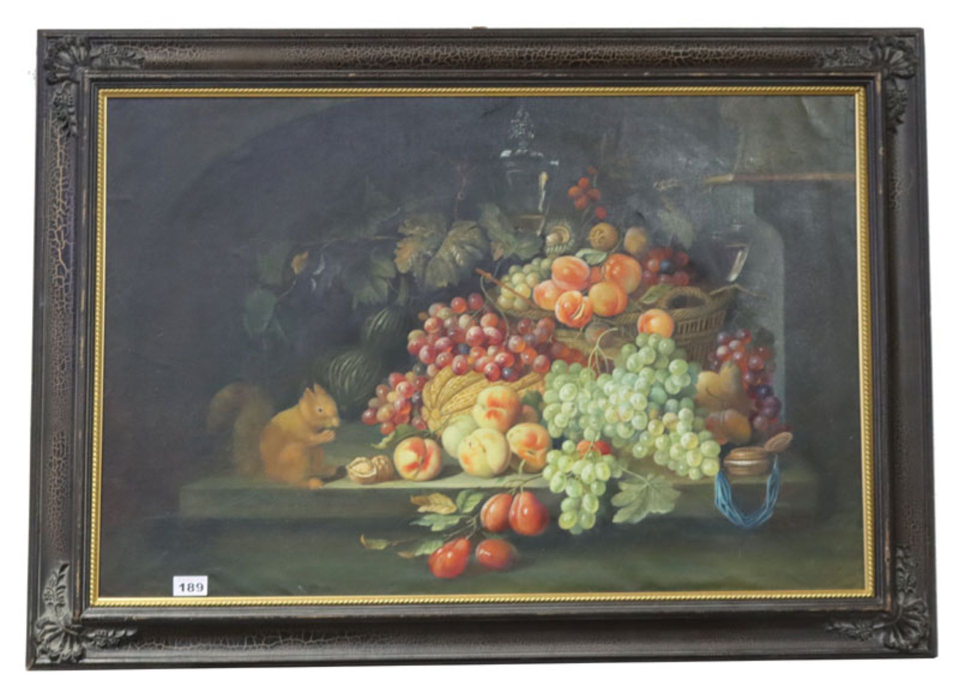 Gemälde ÖL/Malkarton 'Früchtestillleben mit Eichhörnchen', gerahmt, incl. Rahmen 74 cm x 105 cm,