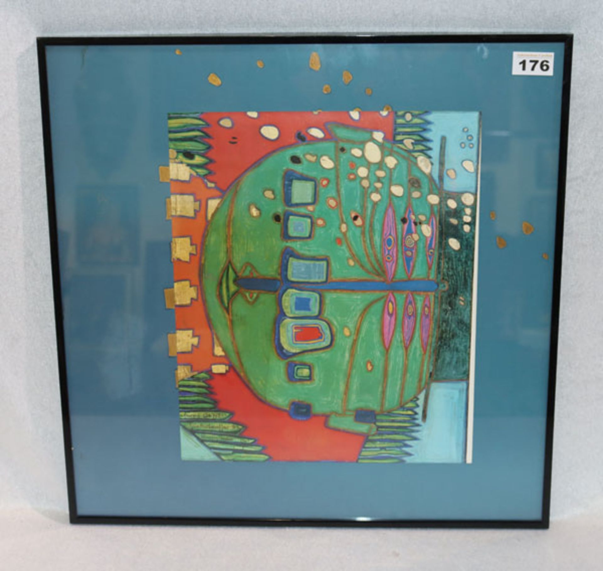 Druck nach Friedensreich Hundertwasser mit Passepartout unter Glas gerahmt, incl. Rahmen 50 cm x