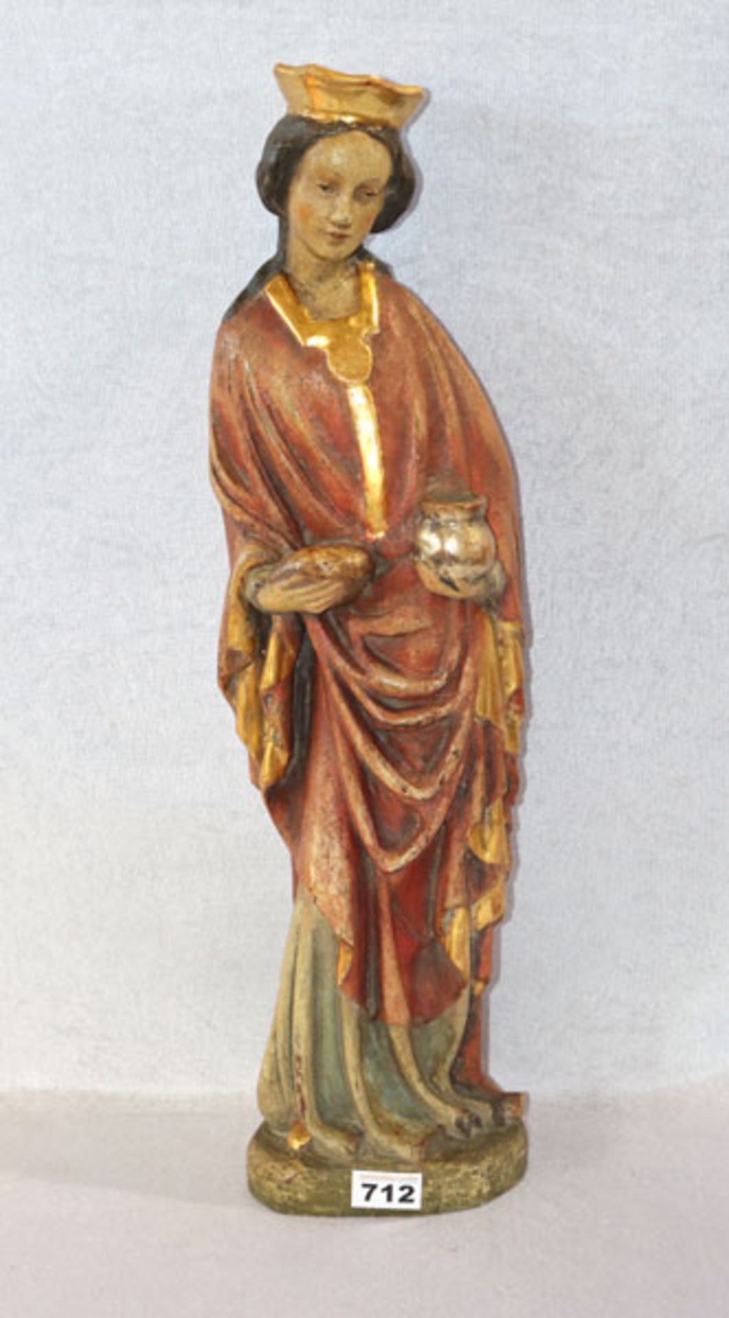 Holzfigur 'Heilige Barbara', farbig gefaßt, teils bestossen, H 61 cm, B 18 cm, T ca. 17 cm