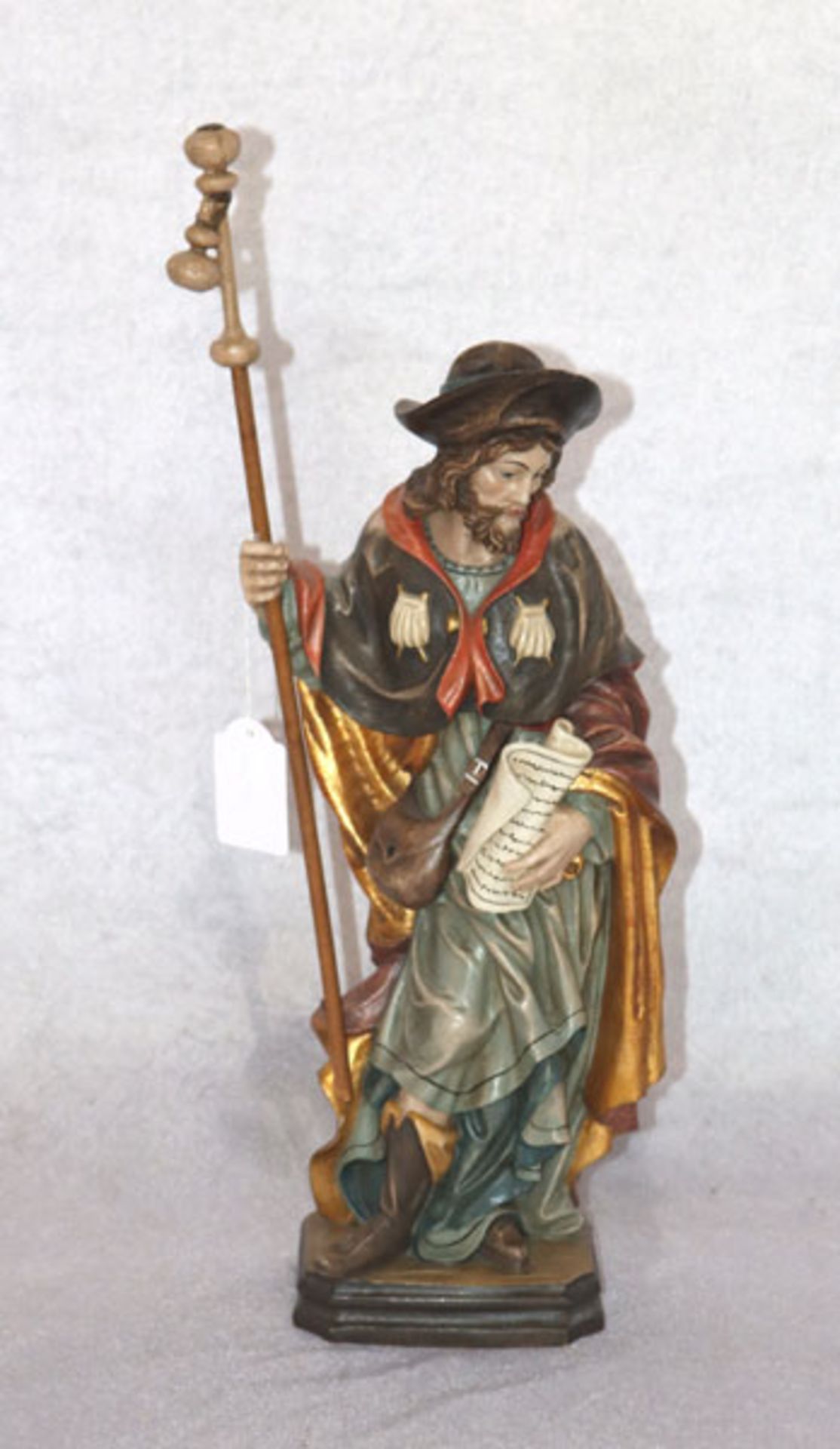Holz Figurenskulptur 'Heiliger Jakobus', farbig gefaßt, H 44 cm