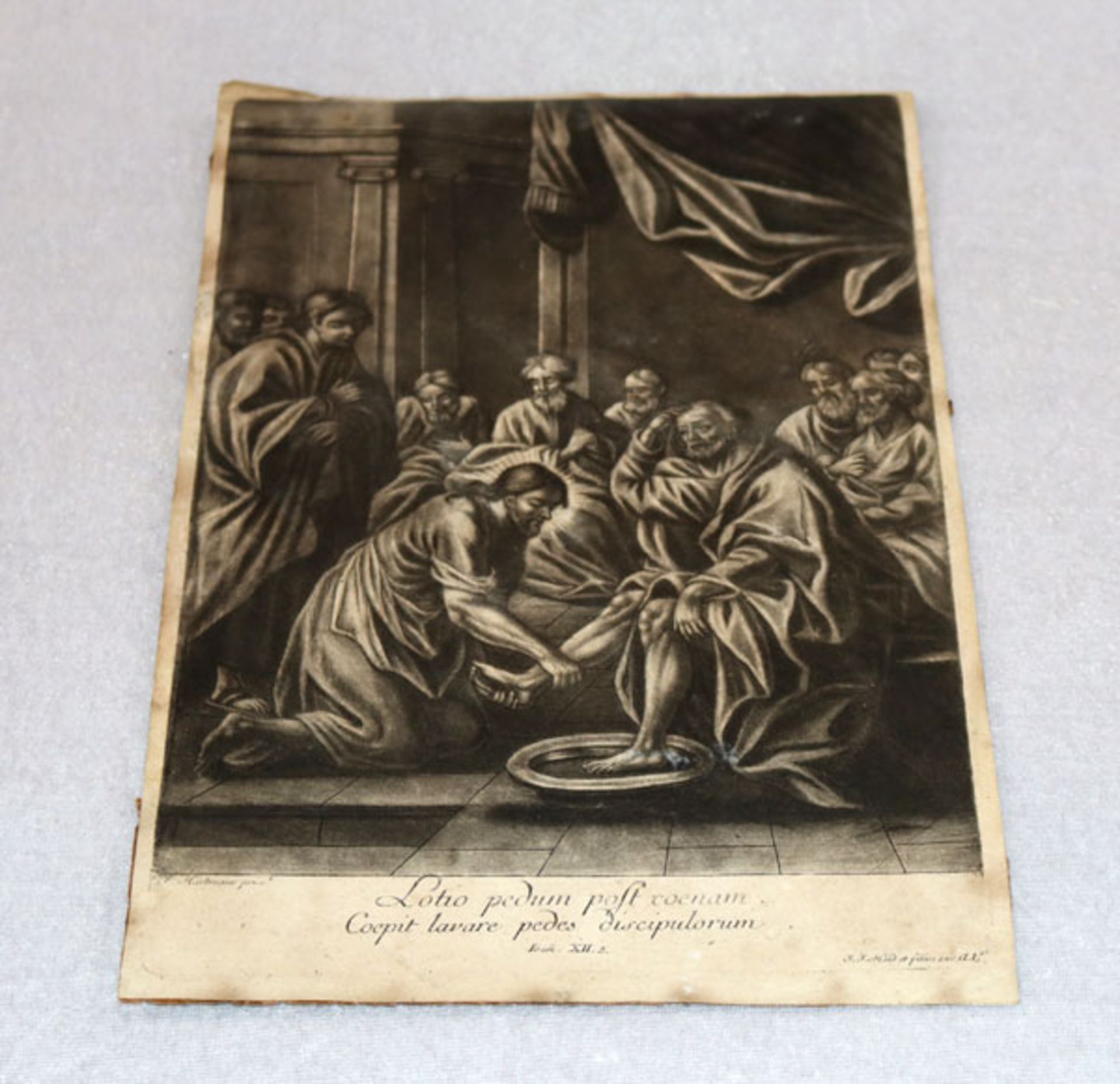 Stich 'Jesus bei der Fußwaschung', Blatt teils fleckig, Blattgröße 31 cm x 20 cm