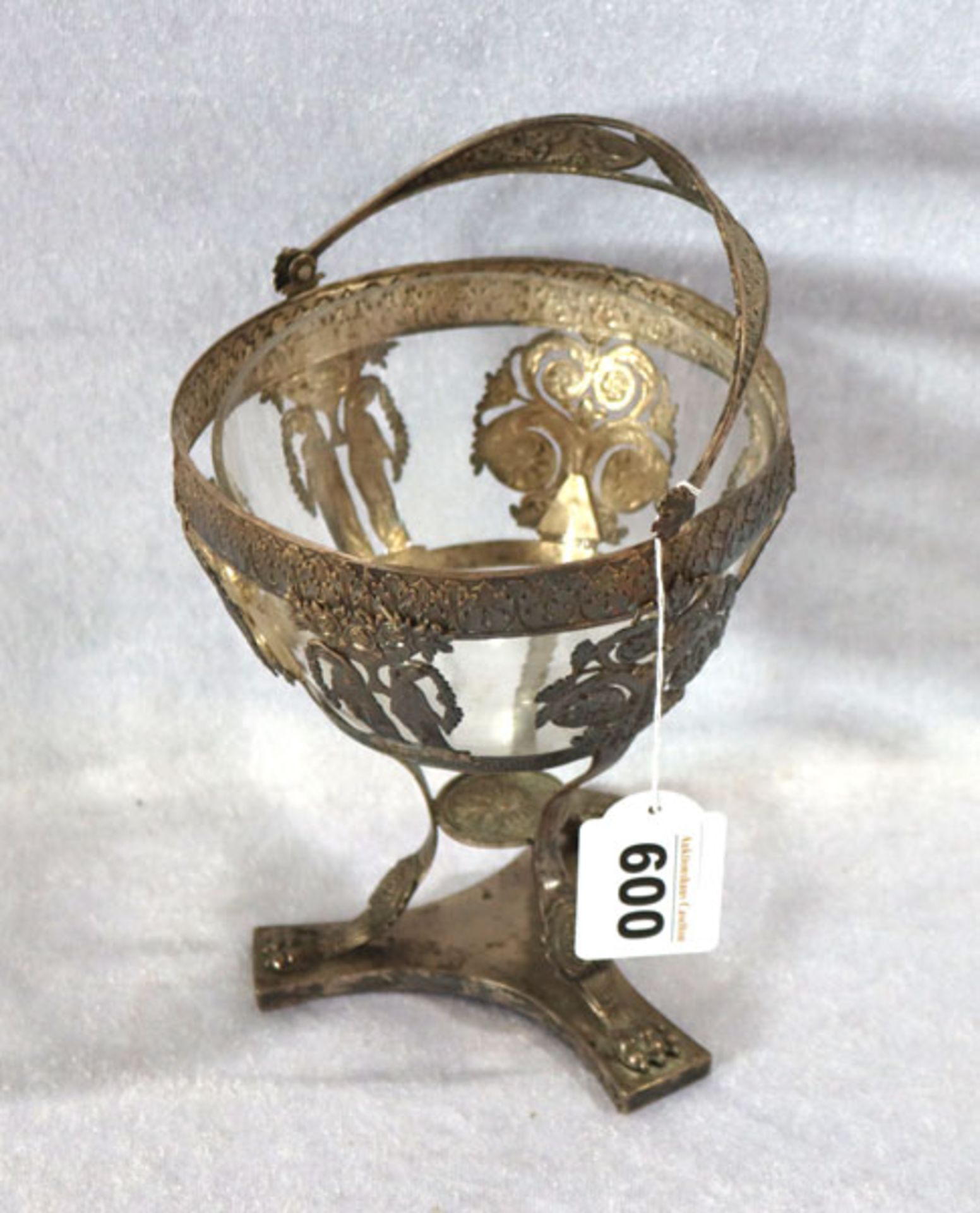 Silber Henkelschale, 19. Jahrhundert, 224 gr. Silber ohne Glas, Glaseinsatz nicht passend, H 16