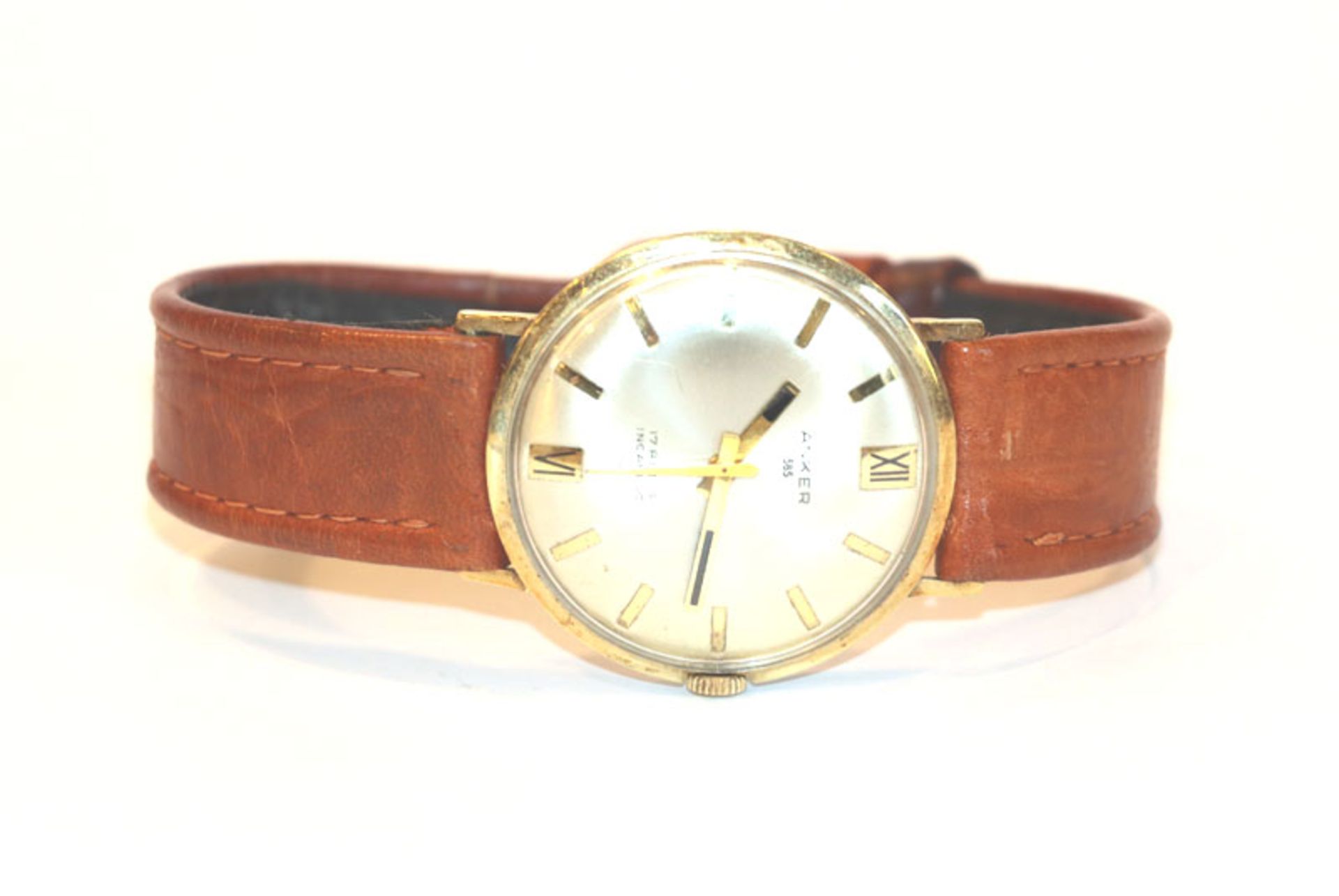 14 k Gelbgold Herren-Armbanduhr, Anker, intakt, an braunem Leder-Armband, Tragespuren