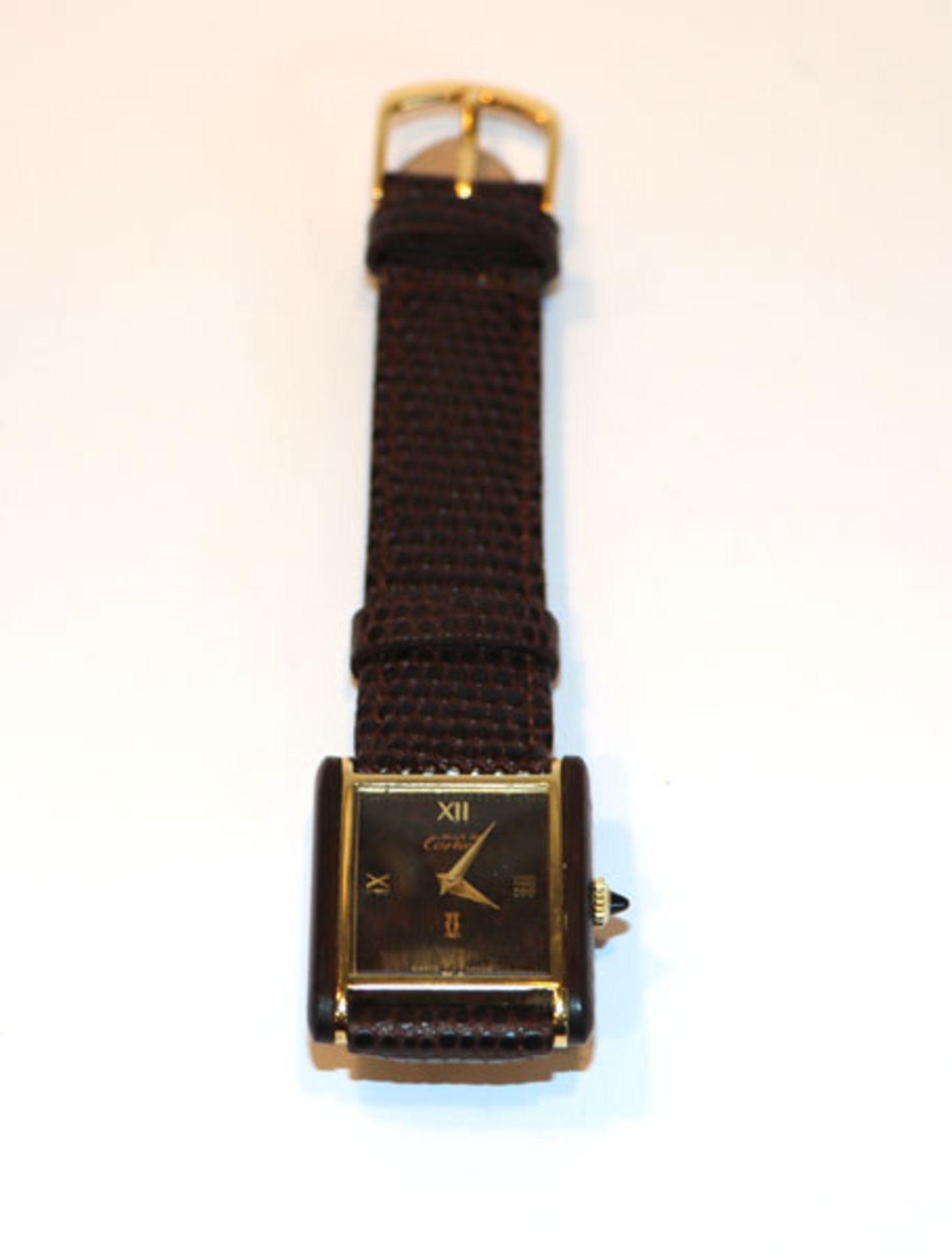 Cartier Damen-Armbanduhr, Gehäuse 18 k vegoldet, braunes Zifferblatt, an neuem Armband, Herzog