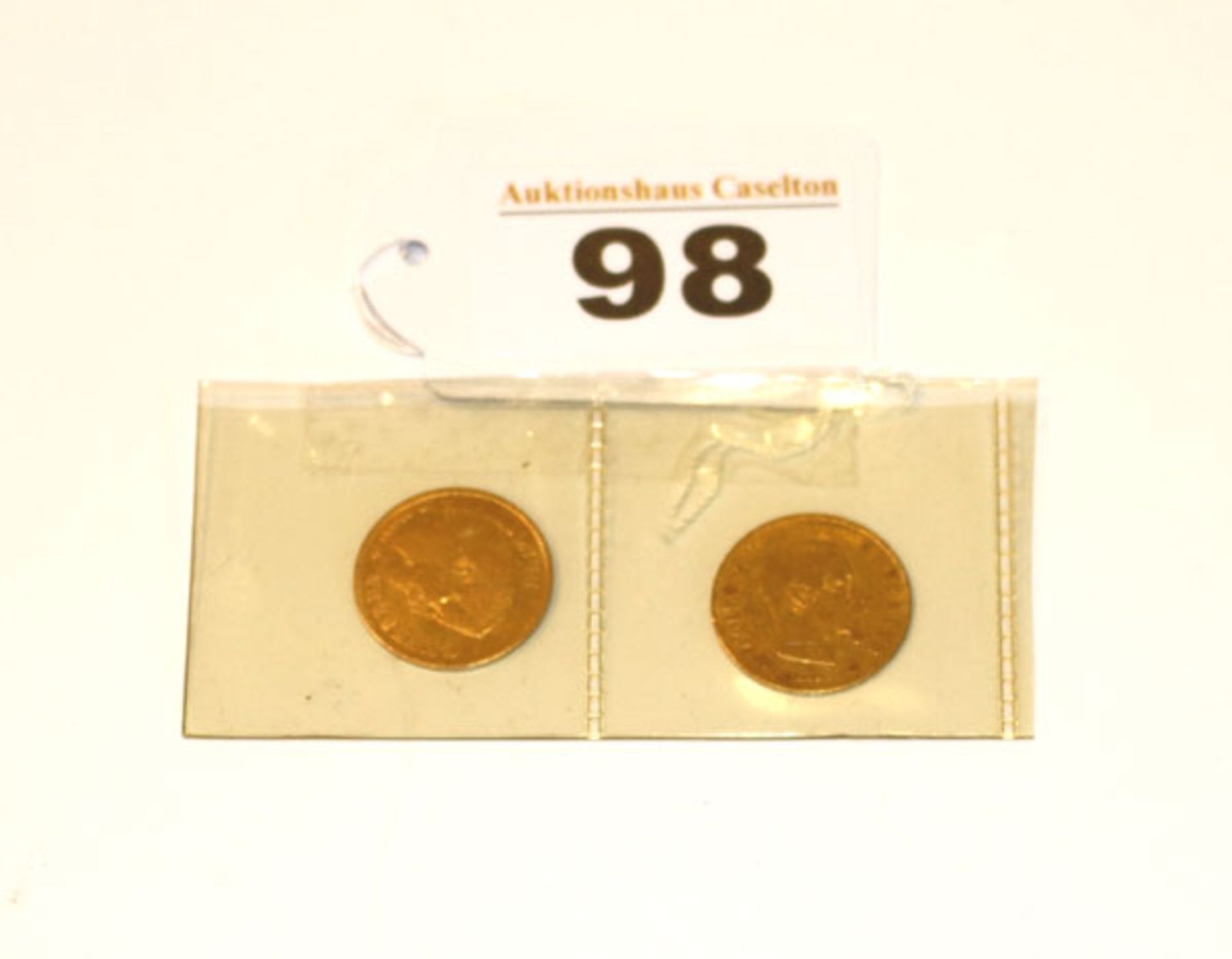 2 x 20 Franc Goldmünzen, Frankreich, Napoleon 1856 und 1858, 6,37 gr. Brutto