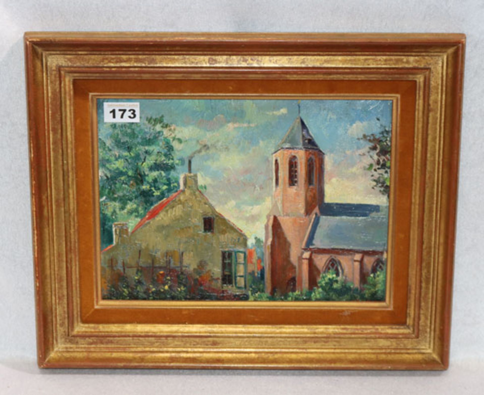 Gemälde ÖL/Malkarton 'Kirchenansicht', rückseitig bez. B. Van der Gheynst, 1935, gerahmt, Rahmen