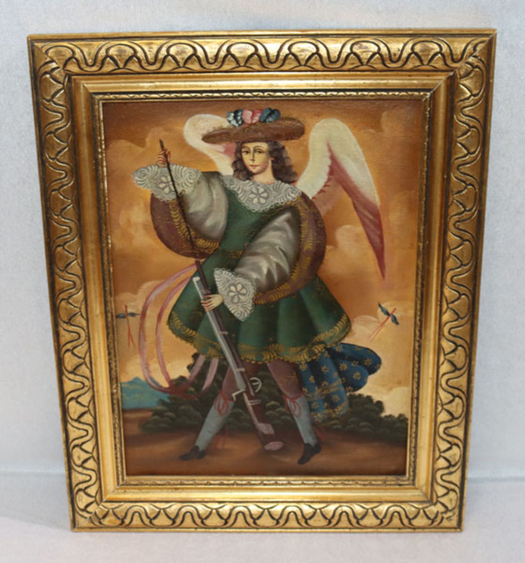 Gemälde ÖL/LW 'Erzengel Michael', gerahmt, Rahmen leicht bestossen, incl. Rahmen 50,5 cm x 40,5 cm