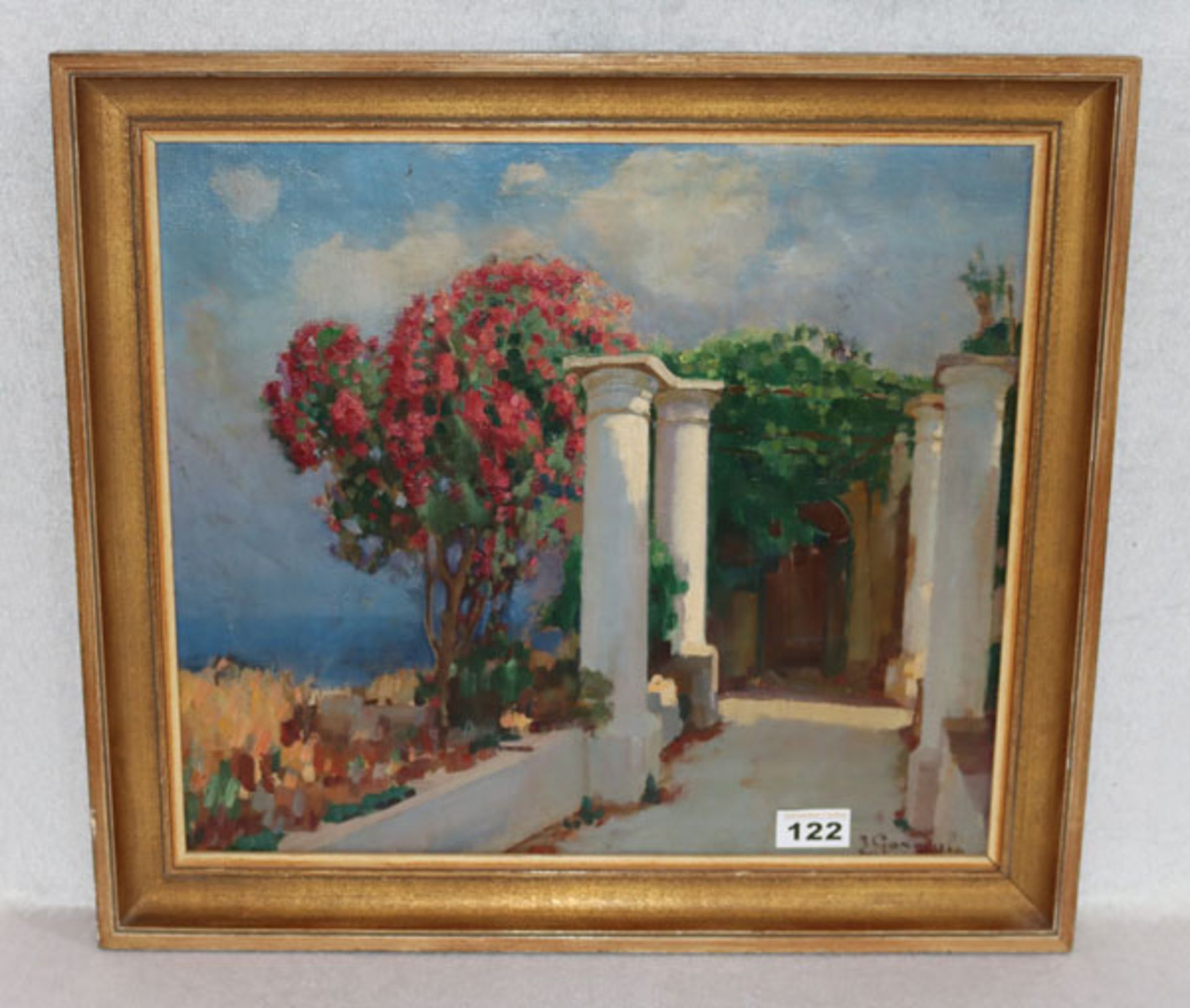 Gemälde ÖL/Holz 'Dorfteil von Capri mit Säulengang', signiert E. (Enrico) Garigiulo, * 1881 +