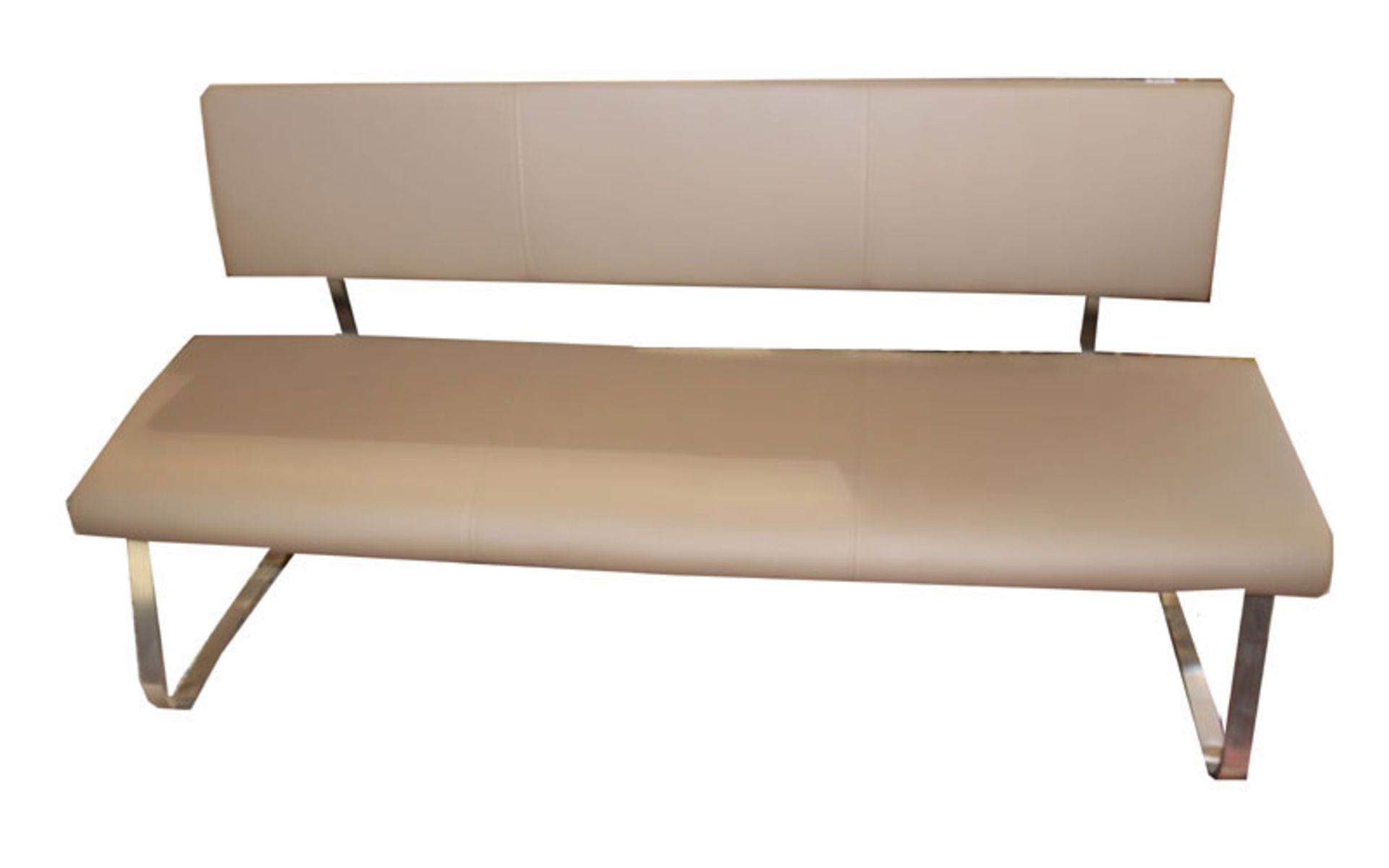 Sitzbank, Metallgestell mit gepolstertem Sitz und Lehne, braun bezogen, H 90 cm, B 175 cm, T 46
