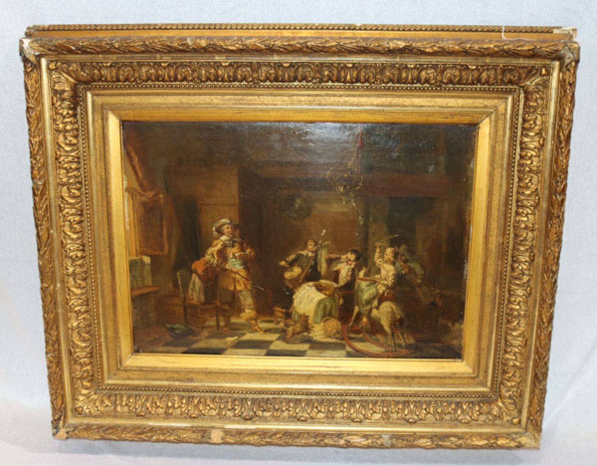 Gemälde ÖL/Holz 'Musikstunde', signiert David Bles, * 1821 + 1899, gerahmt, Rahmen beschädigt, incl.