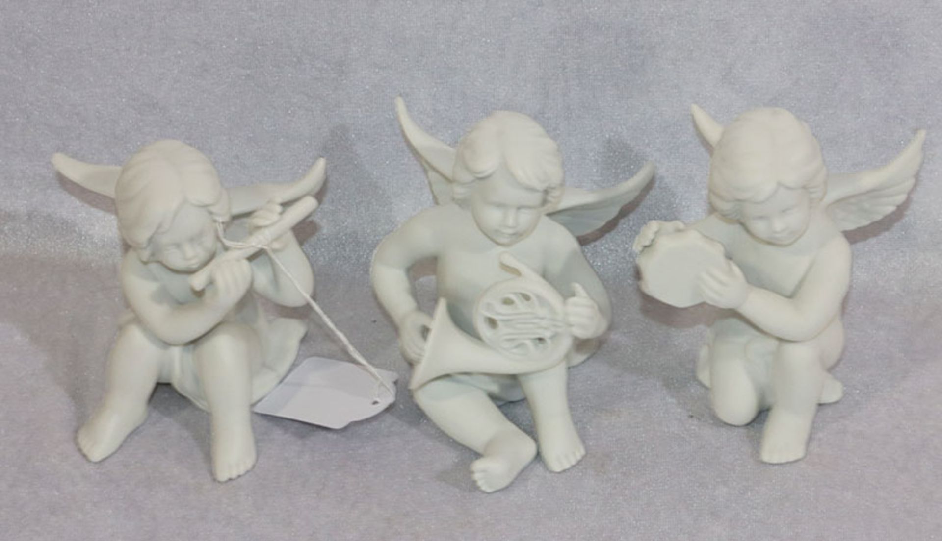 3 Rosenthal Biskuitporzellan Figuren 'Musizierende Engel', H 9 cm