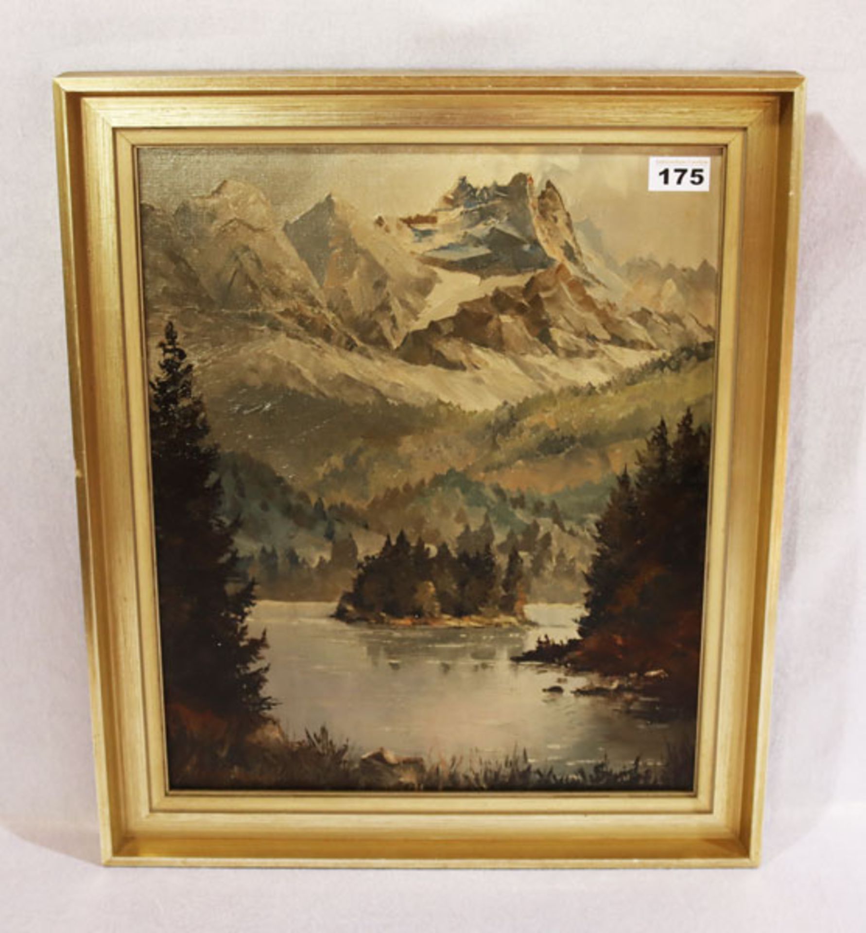 Gemälde ÖL/LW 'Eibsee mit Zugspitze', undeutlich signiert, gerahmt, Rahmen bestossen/beschädigt,