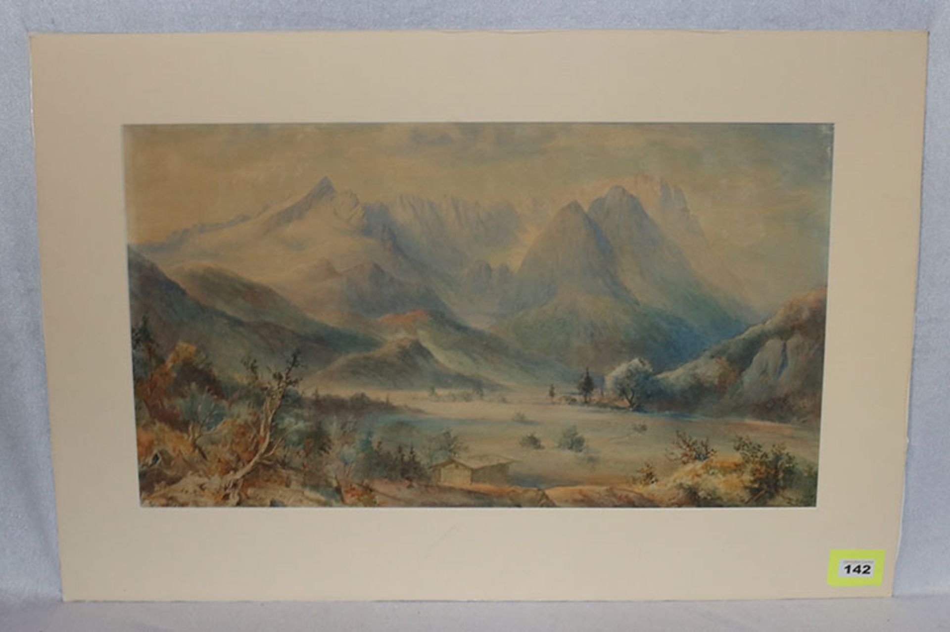 Aquarell 'Blick auf das Wettersteingebirge mit Loisachtal', signiert Ludwig Sckell, datiert