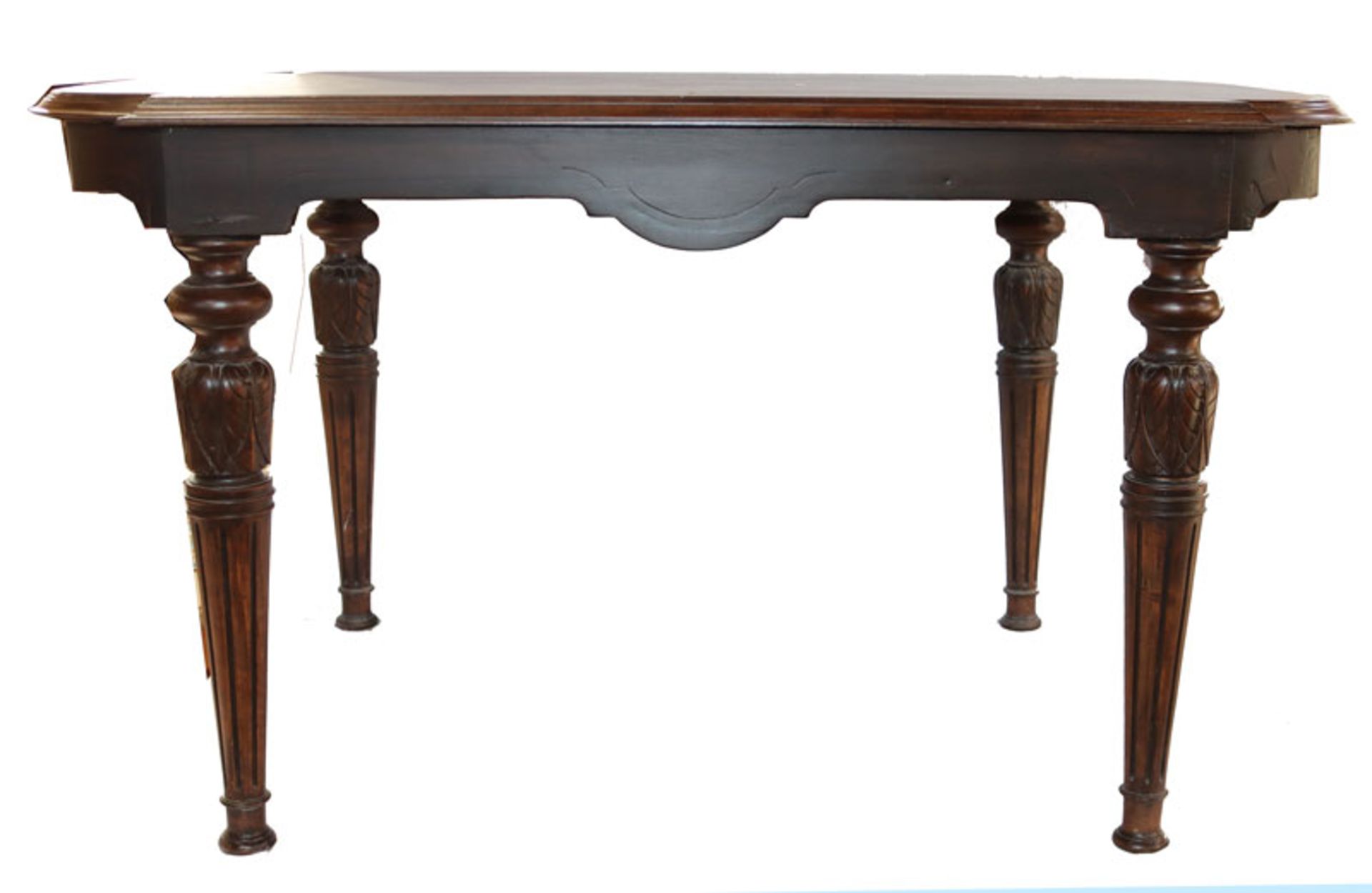 Tisch in oval/eckiger Form, dunkel gebeizt, H 68 cm, L 118 cm, B 73 cm, Gebrauchsspuren
