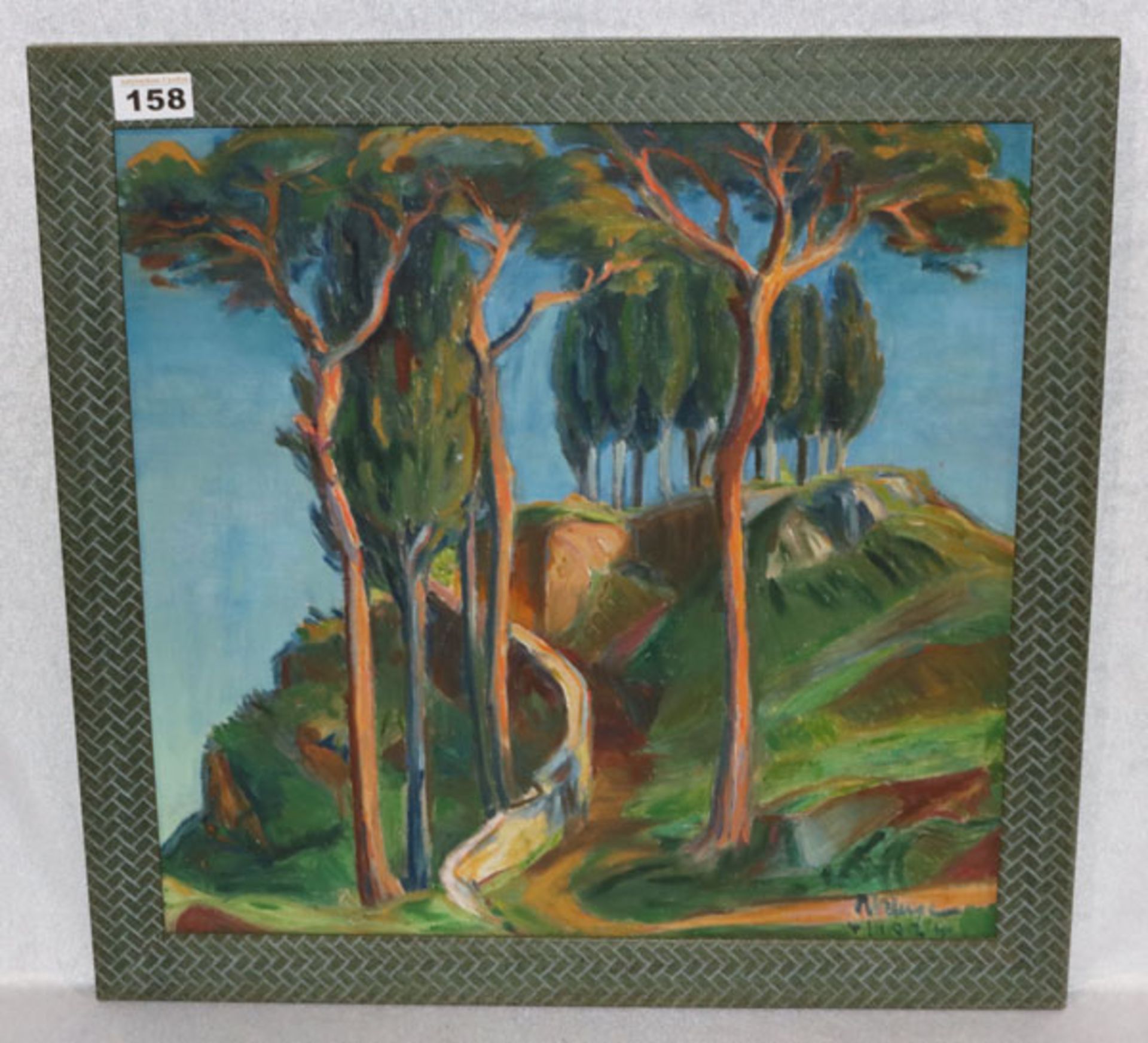 Gemälde ÖL/Hartfaser 'Italienische Berglandschaft mit Bäumen', signiert R. Kluge, 1924, Robert