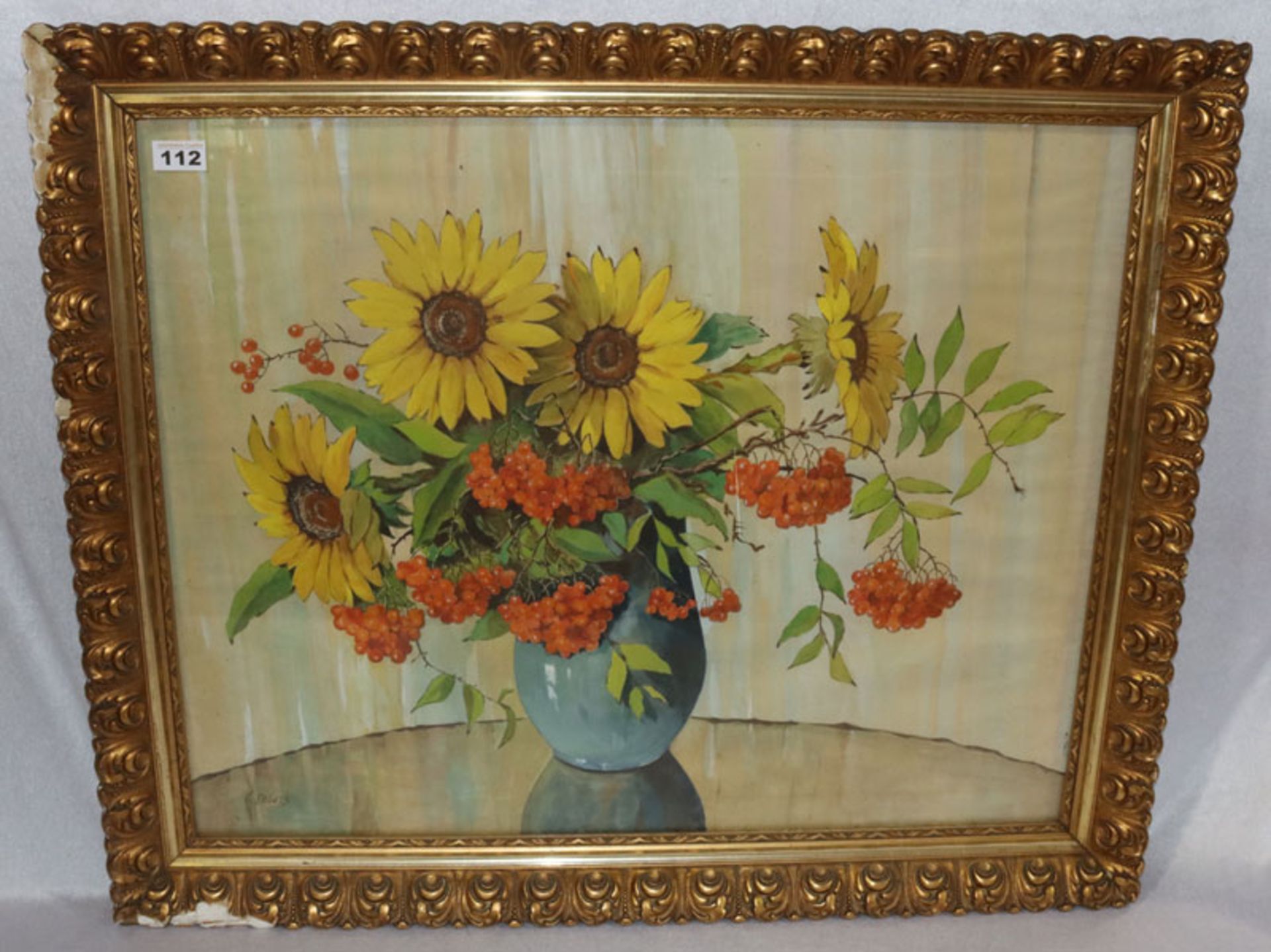 Gemälde Mischtechnik/Papier 'Sonnenblumen und Sanddorn in Vase', signiert G. Peters, Papier