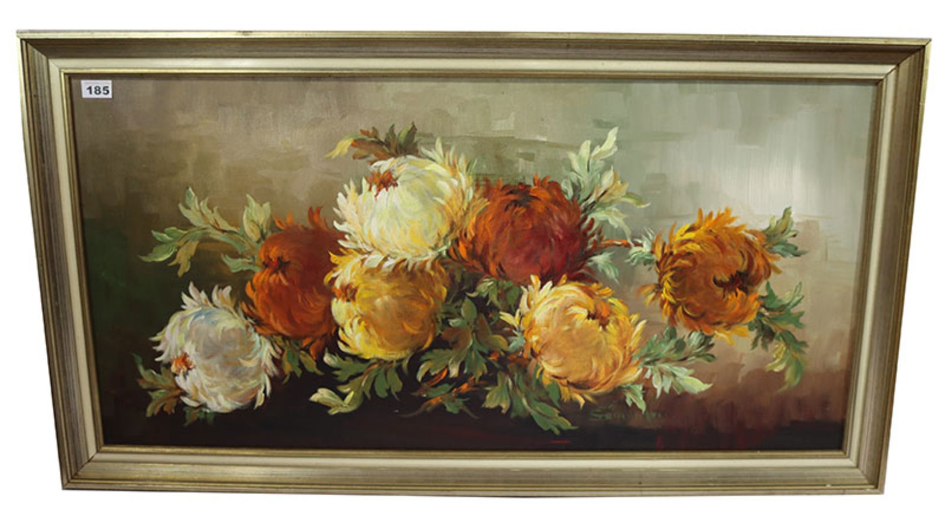 Gemälde ÖL/LW 'Chrysanthemen', gerahmt, Rahmen beschädigt, incl. Rahmen 60 cm x 109 cm