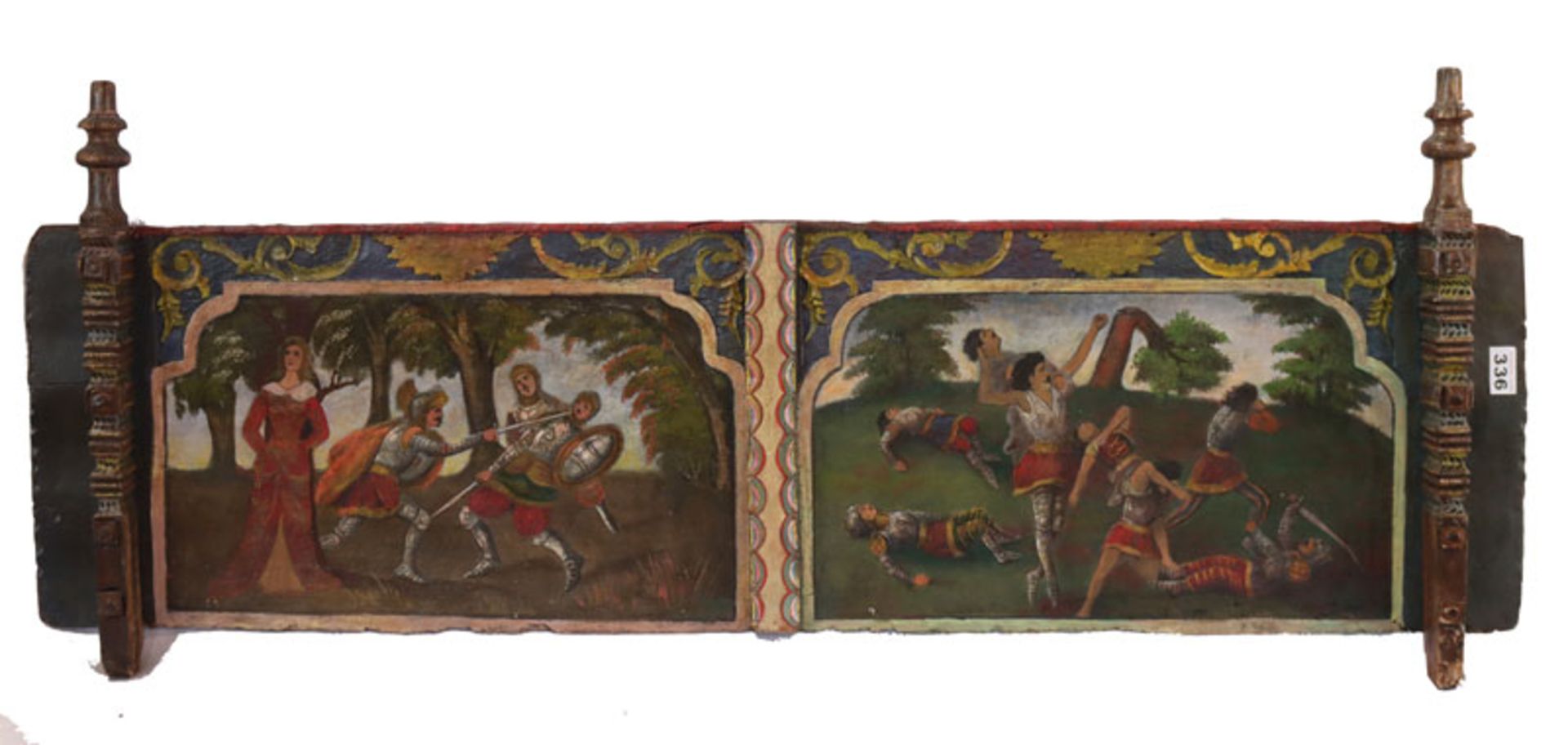 Holzbrett eines südländischen Eselswagen, bemalt mit Ritter-Szenerien, 50 cm x 123 cm, Altersspuren
