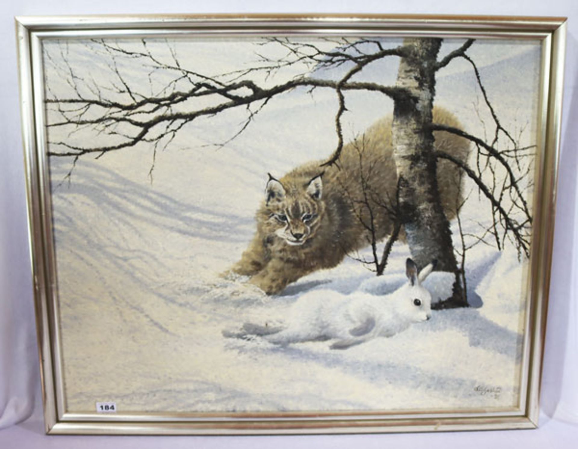 Gemälde ÖL/LW 'Luchs jagd Hase im Winterwald', signiert L. (Leif) Liljeblad 91