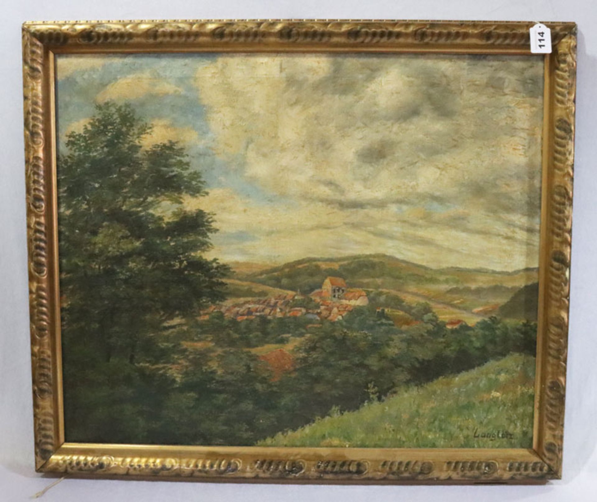 Gemälde ÖL/LW 'Landschafts-Szenerie mit Dorf', signiert Lang Lotz, LW krakelliert, benötigt