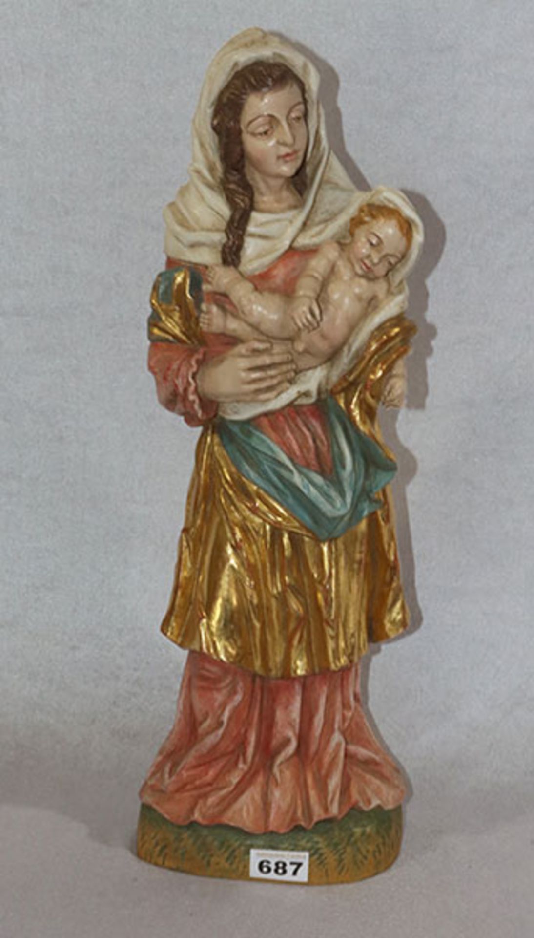 Holz Figurenskulptur 'Maria mit Kind', farbig gefaßt, H 54 cm