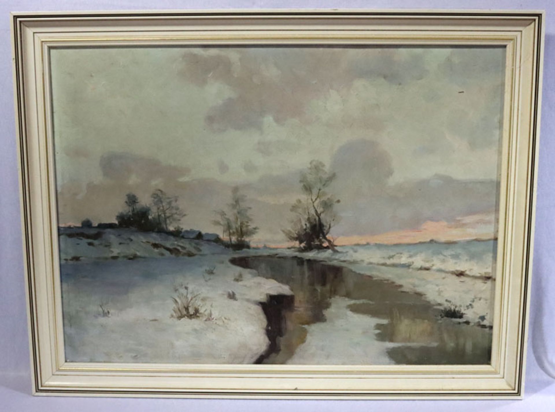 Gemälde ÖL/LW 'Winterlandschaft mit Flußlauf', gerahmt, Rahmen bestossen, incl. Rahmen 71 cm x 92