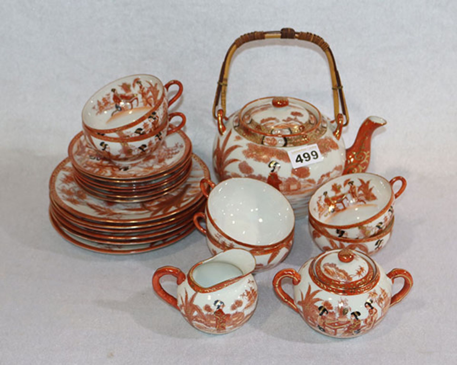 Asiatisches Tee-Service mit figürlichen Darstellungen, Teekanne, Milch und Zucker, 6 Tassen mit