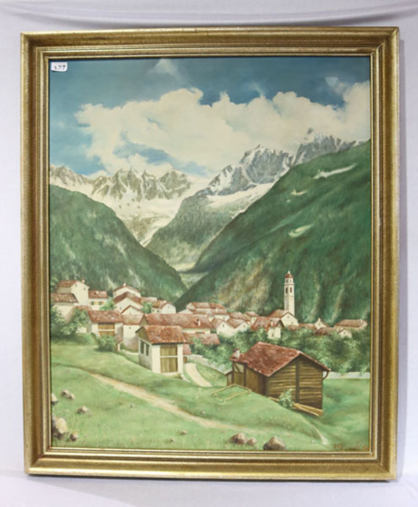 Gemälde ÖL/LW 'Dorf im Hochgebirge', undeutlich signiert, gerahmt, Rahmen bestossen, incl. Rahmen