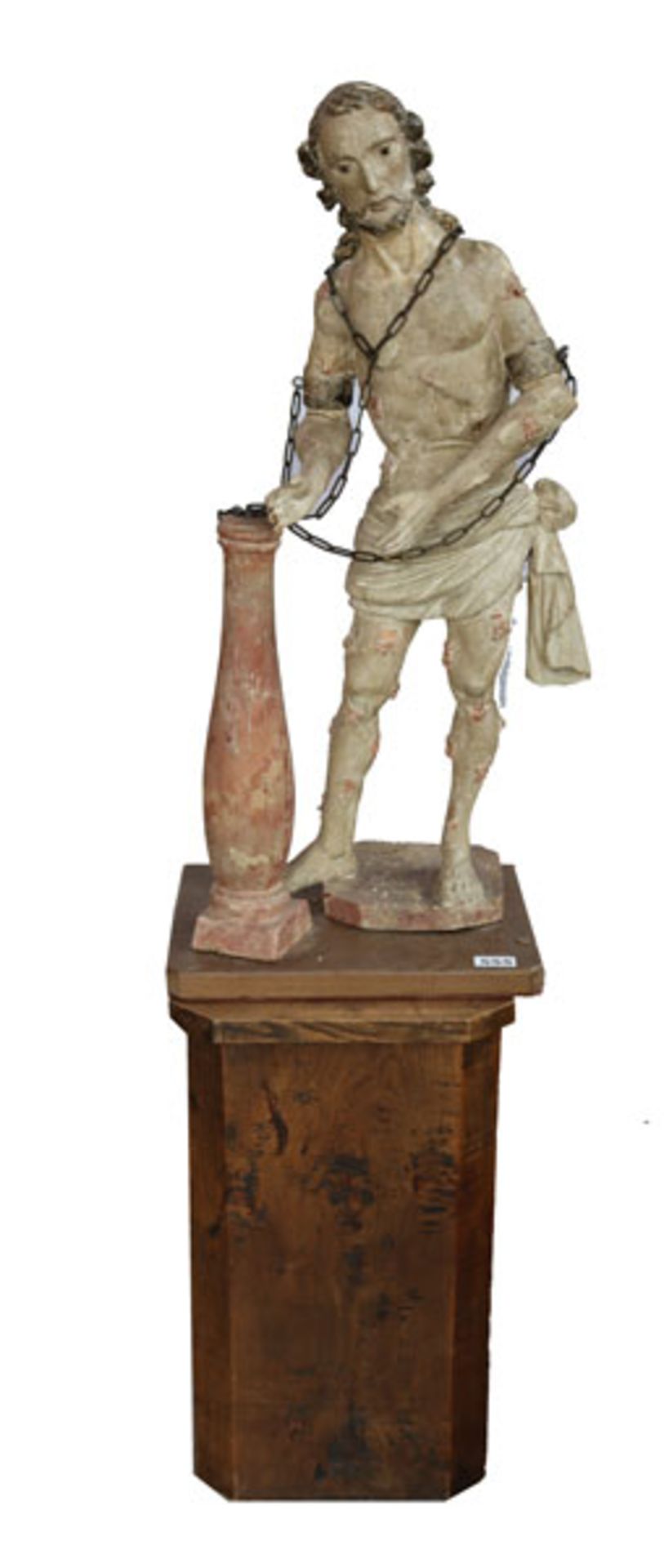 Holz Figurenskulptur 'Gegeiselter Jesus', gefaßt, Fassung beschädigt, wohl 18. Jahrhundert, 80 cm,