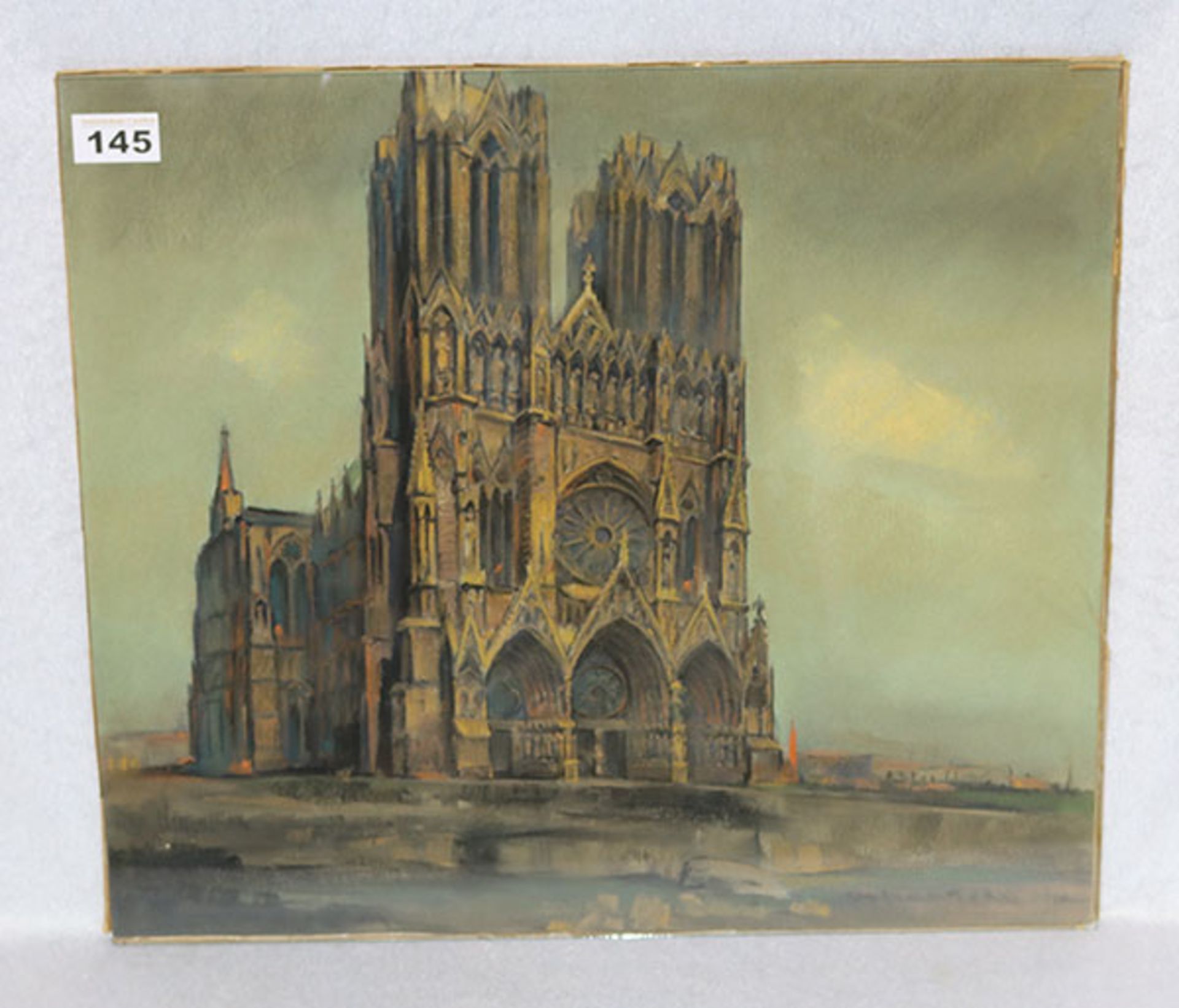 Gemälde Pastell 'Notre Dame, Reims', signiert Oskar Schultz, * 11.5.1892 Warwen + 21.3.1971