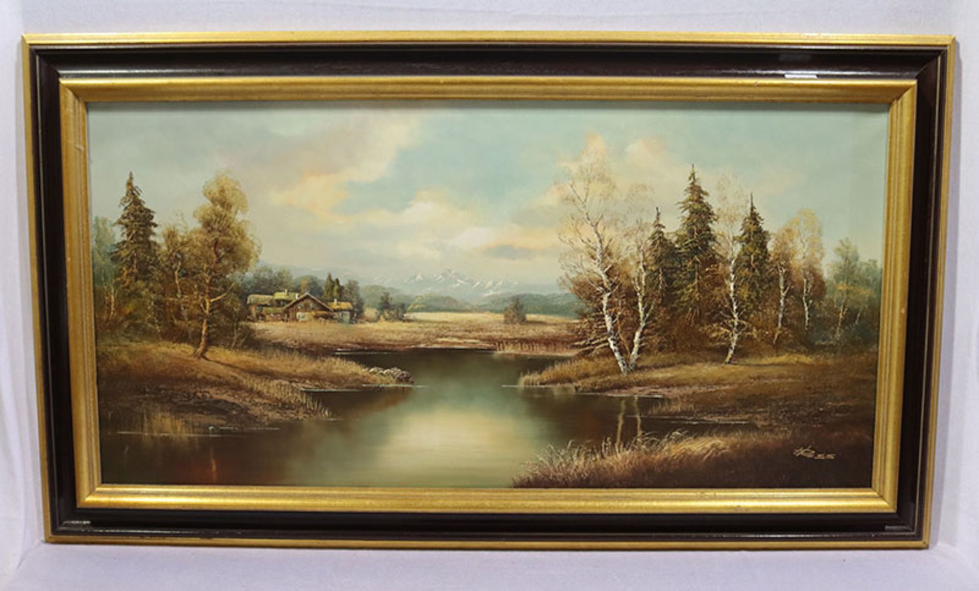 Gemälde ÖL/LW 'Voralpenlandschaft mit Moor', signiert H. Ross, Maler des 20. Jahrhunderts,