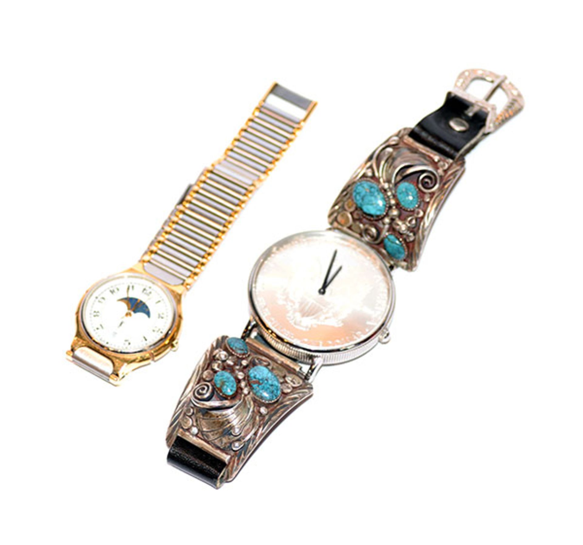 Armbanduhr, Zifferblatt ev. Silber in Silberdollar-Optik an Leder/Metall Armband mit Türkisen, und