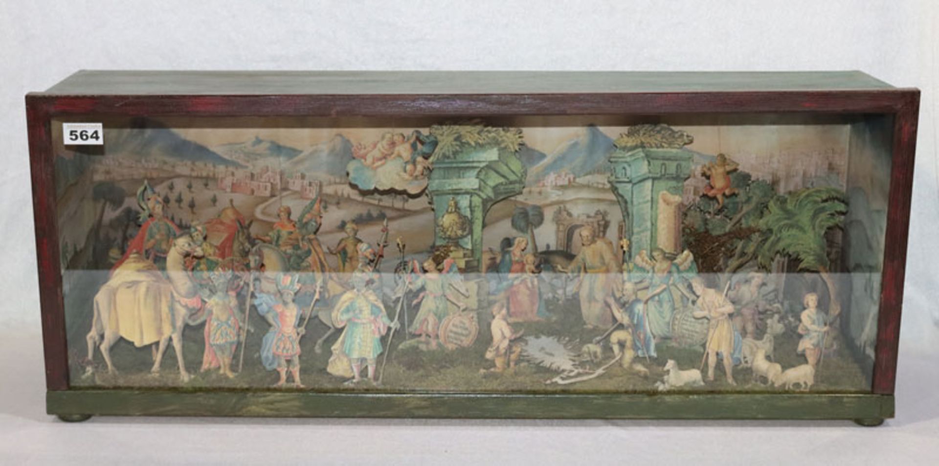 Kastenkrippe mit Papierfiguren in verglasten Holzkasten, innen bemalt, schöne Handarbeit, H 35 cm, B