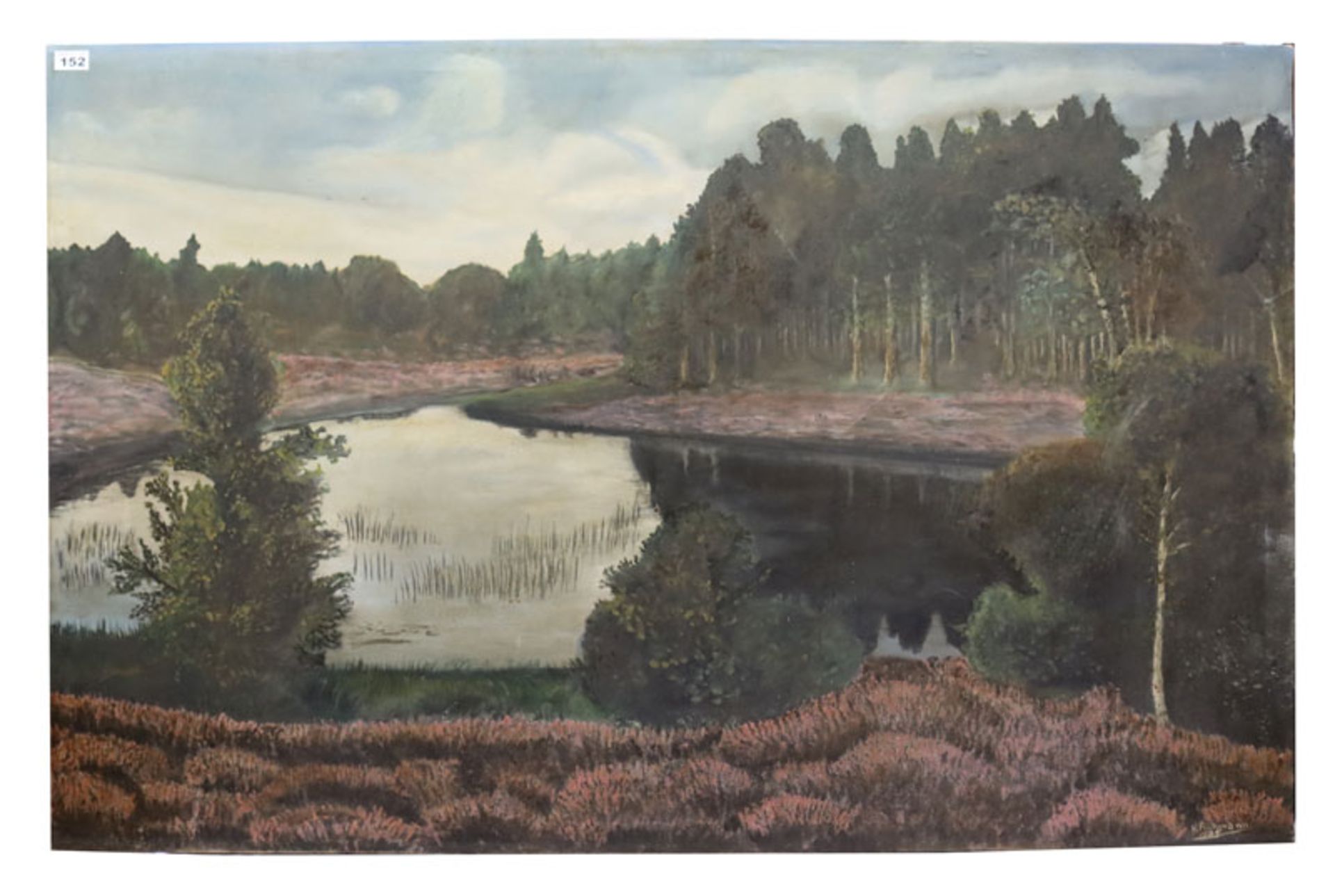 Gemälde ÖL/LW 'Waldlandschaft mit See', signiert H. Rühmann 1925, Bildoberfläche verschmutzt/